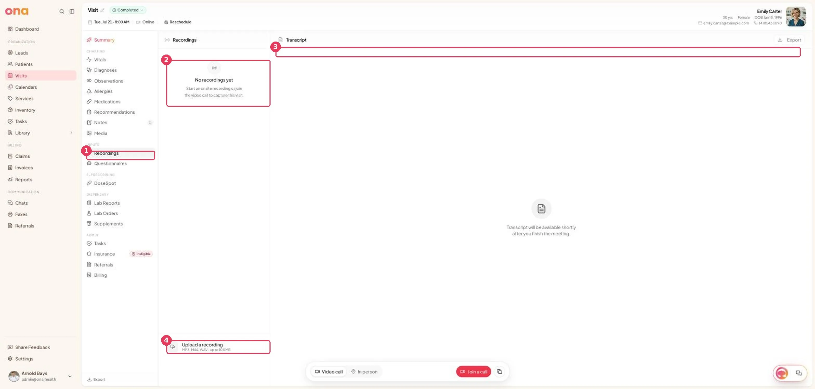 The Recordings view before a recording exists, with the empty state and upload option
