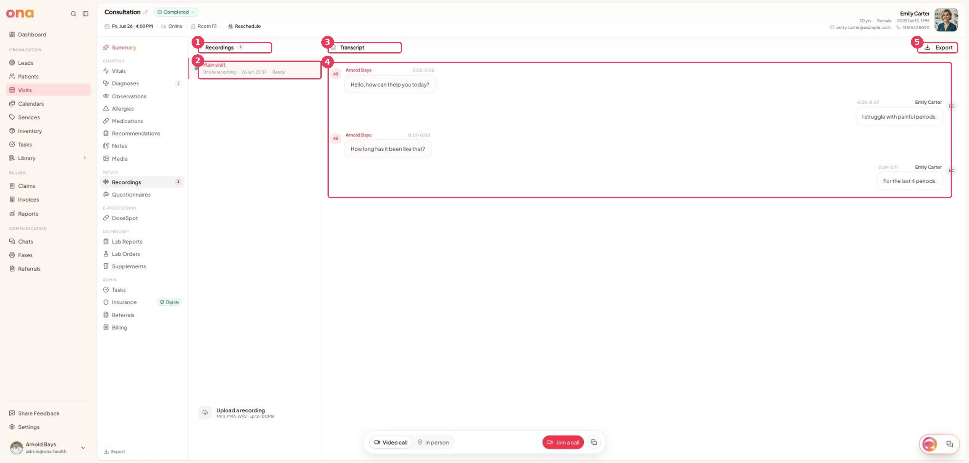 A visit with a recording and its speaker-labelled transcript