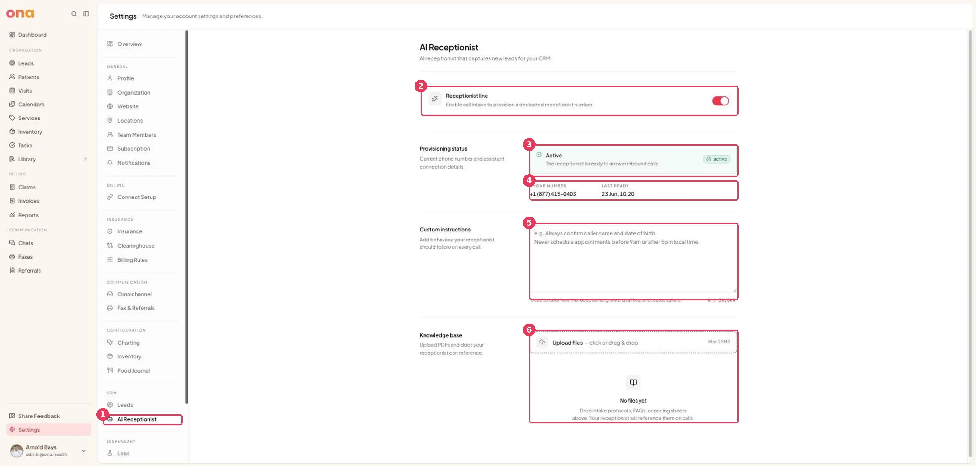 The AI Receptionist page, showing provisioning status, instructions and knowledge base
