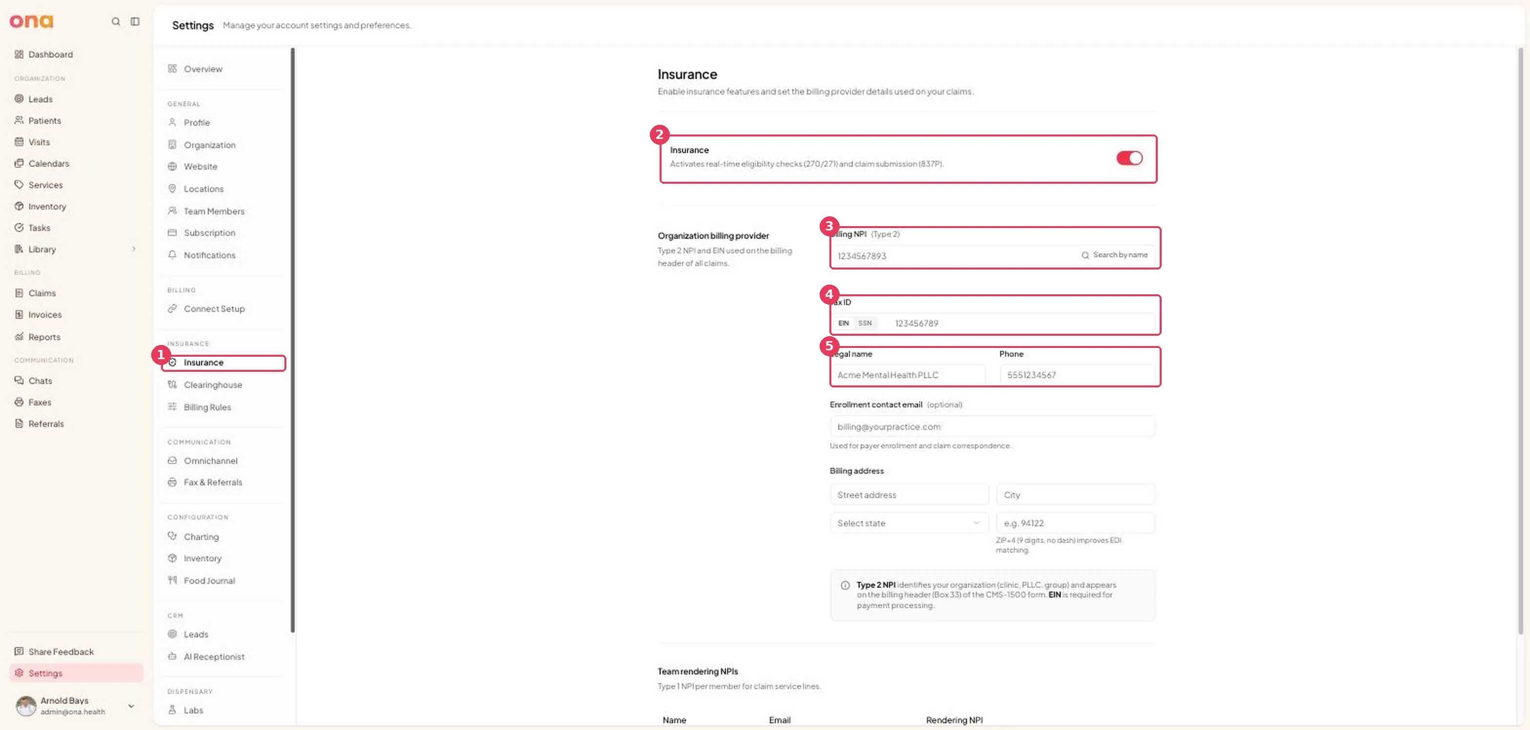 The Insurance settings page, showing the master toggle and billing provider fields