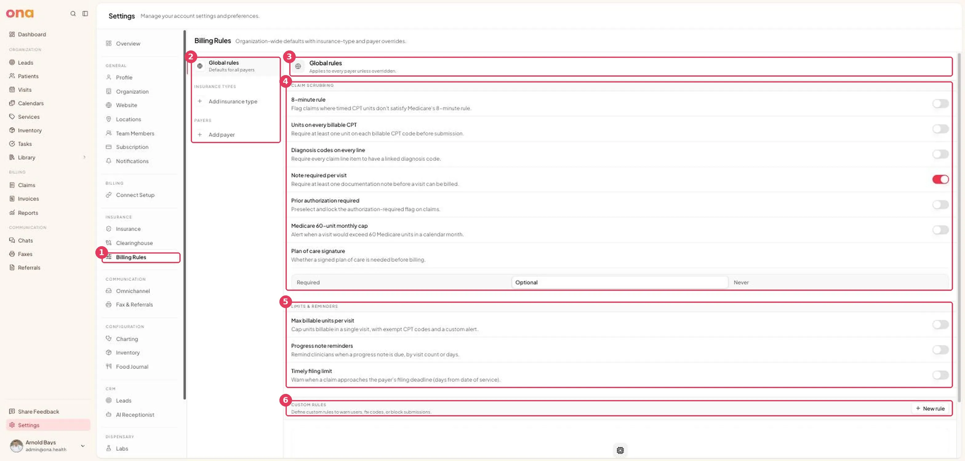 The Billing Rules page, showing global rules and claim scrubbing toggles