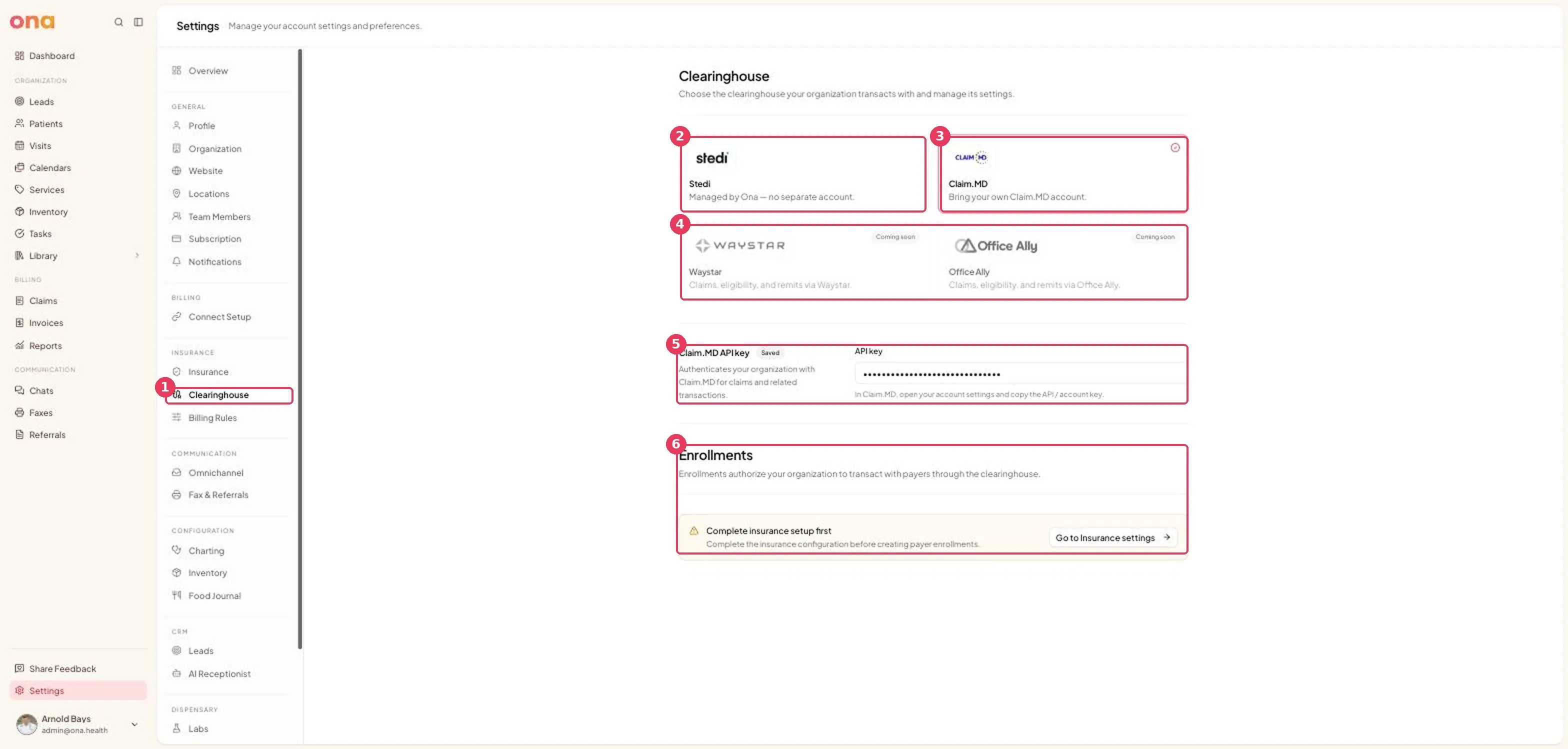 The Clearinghouse page, showing the four options and the API key field