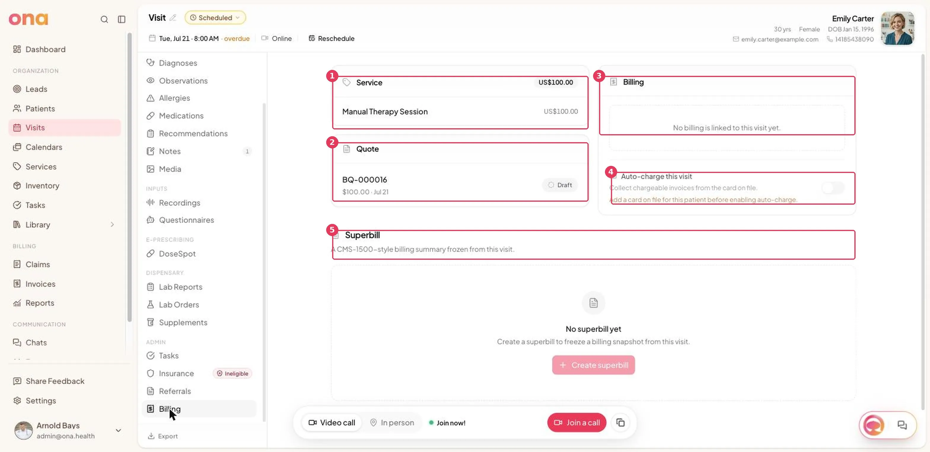 The visit Billing tab, showing service, quote, billing and superbill