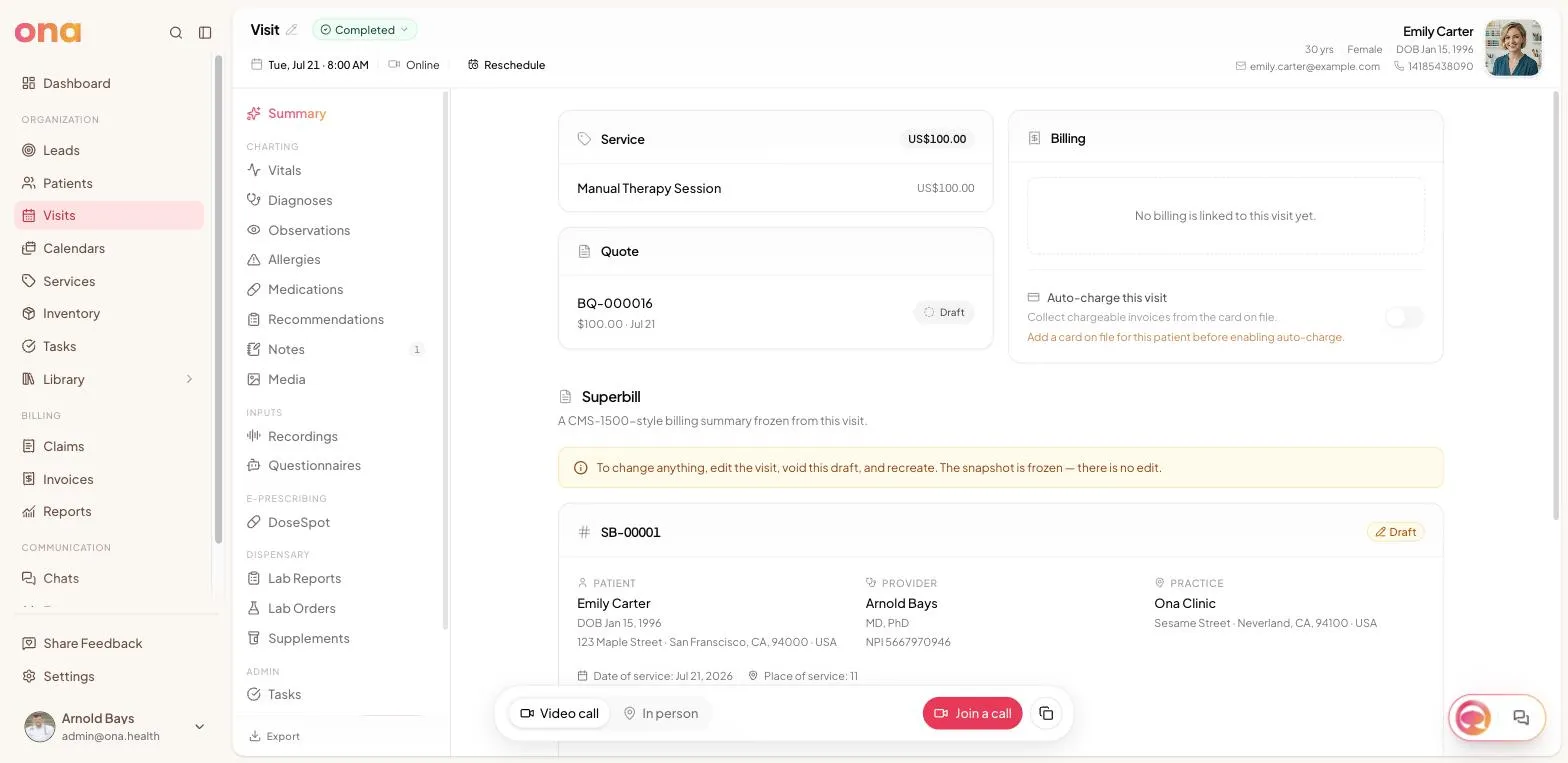 A created superbill showing patient, provider and practice