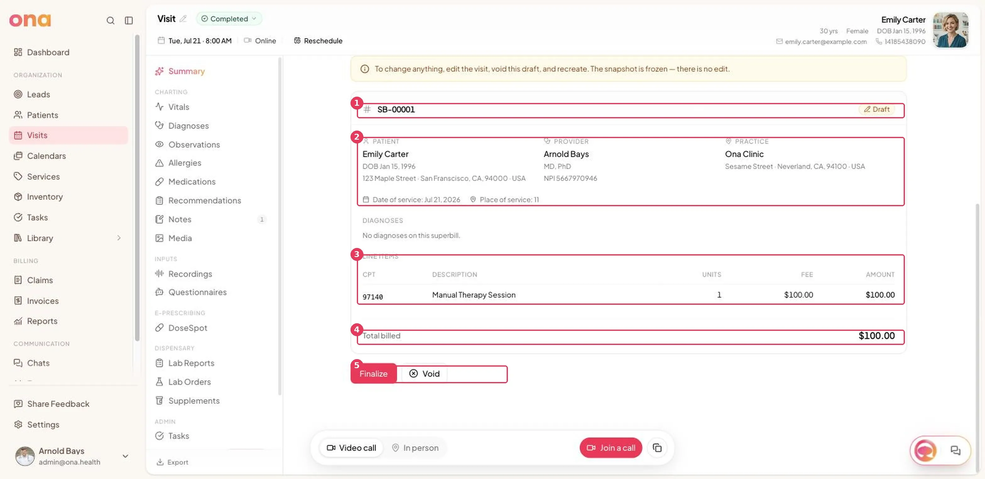 The superbill line items, with CPT code, units and fee