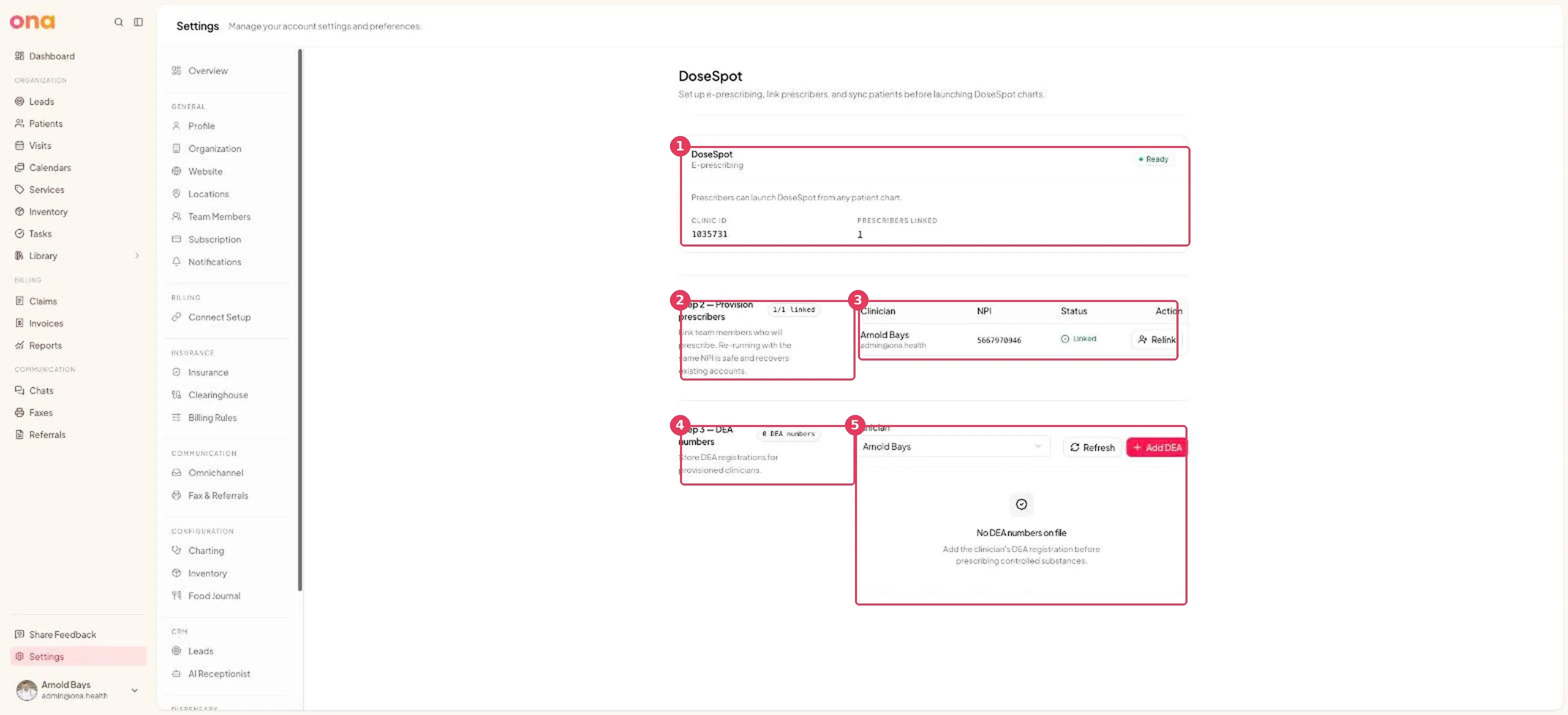 The DoseSpot settings page, showing connection status and enrollment steps
