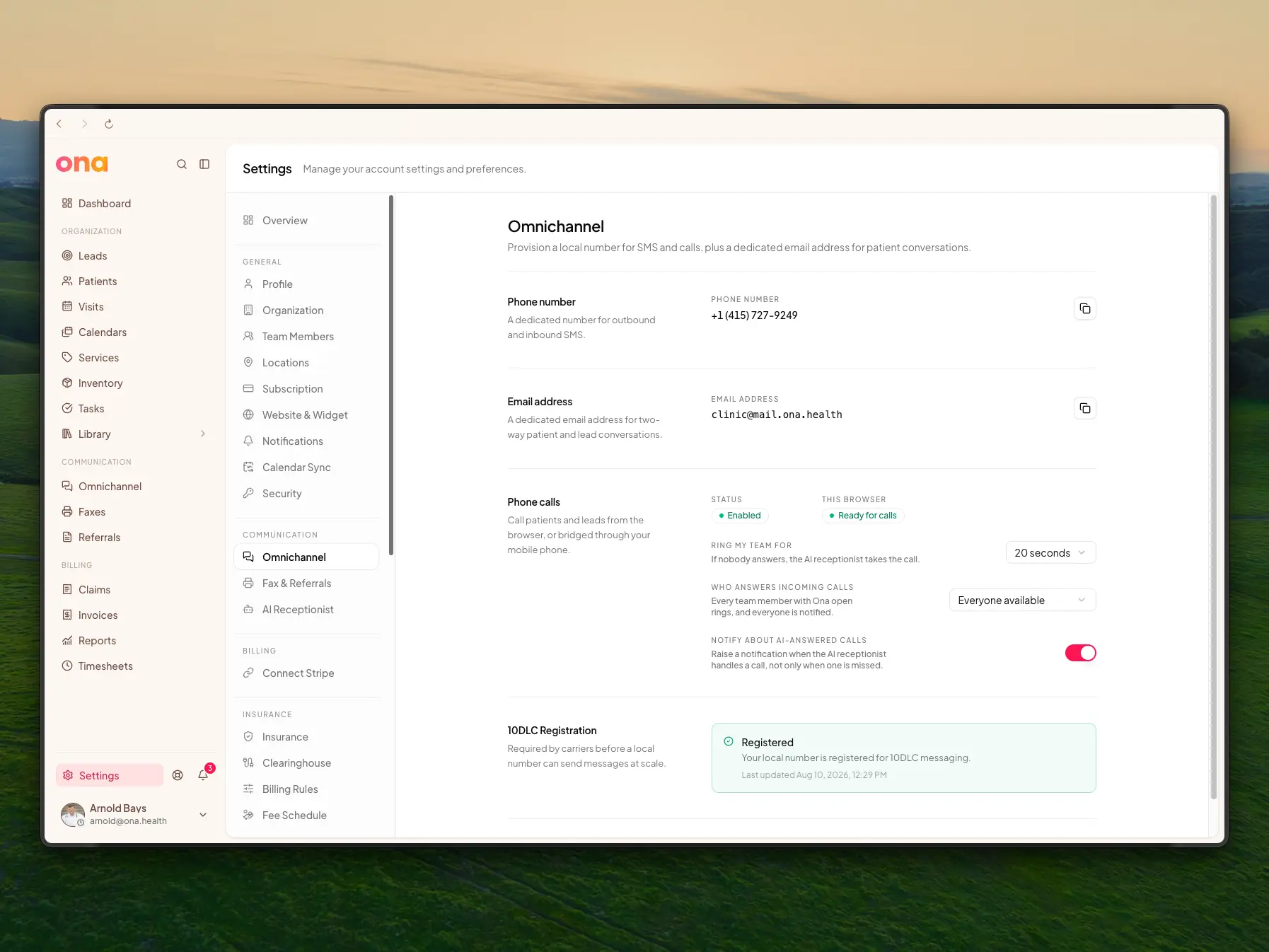 The Omnichannel settings page: the phone number, the email address, the Phone calls section, and 10DLC registration