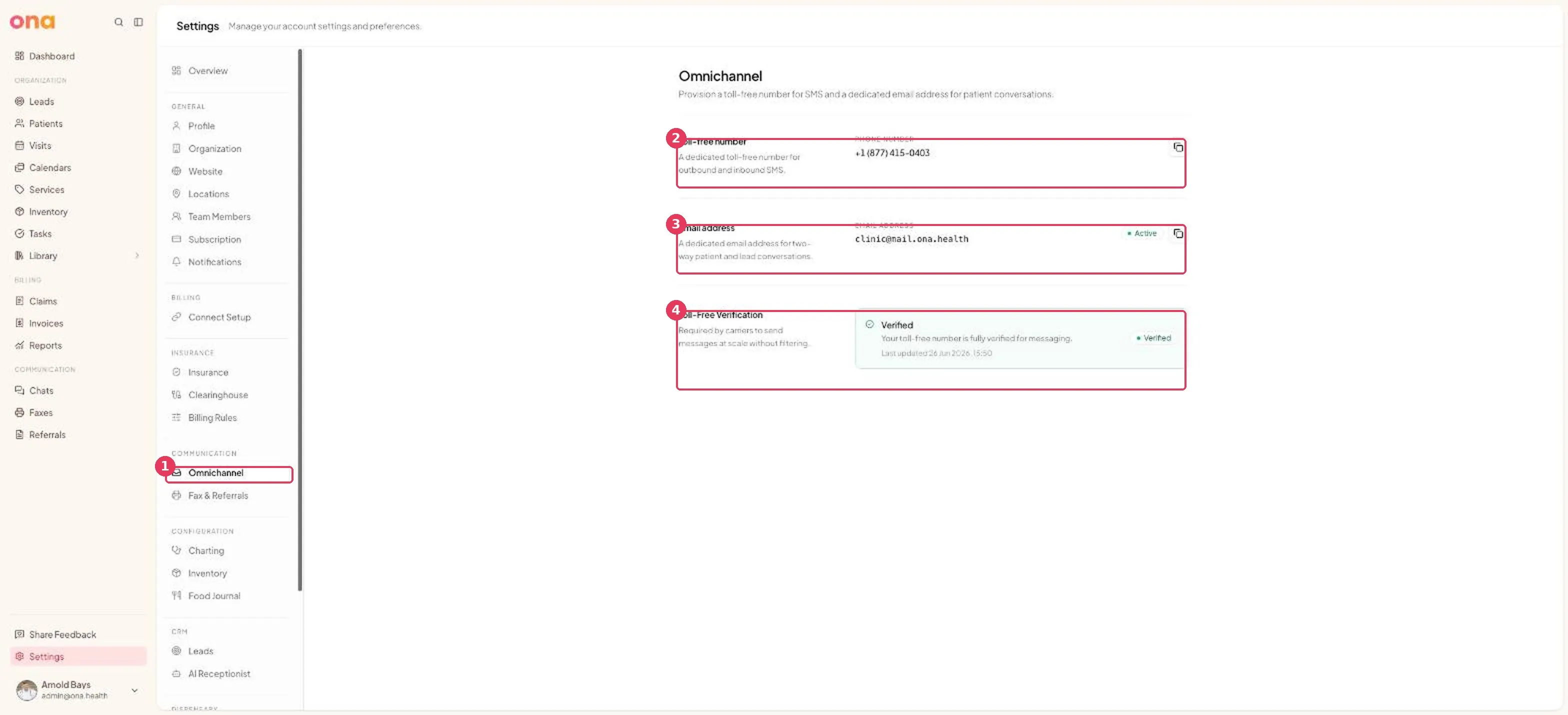 The Omnichannel settings page, showing the toll-free number, email and verification