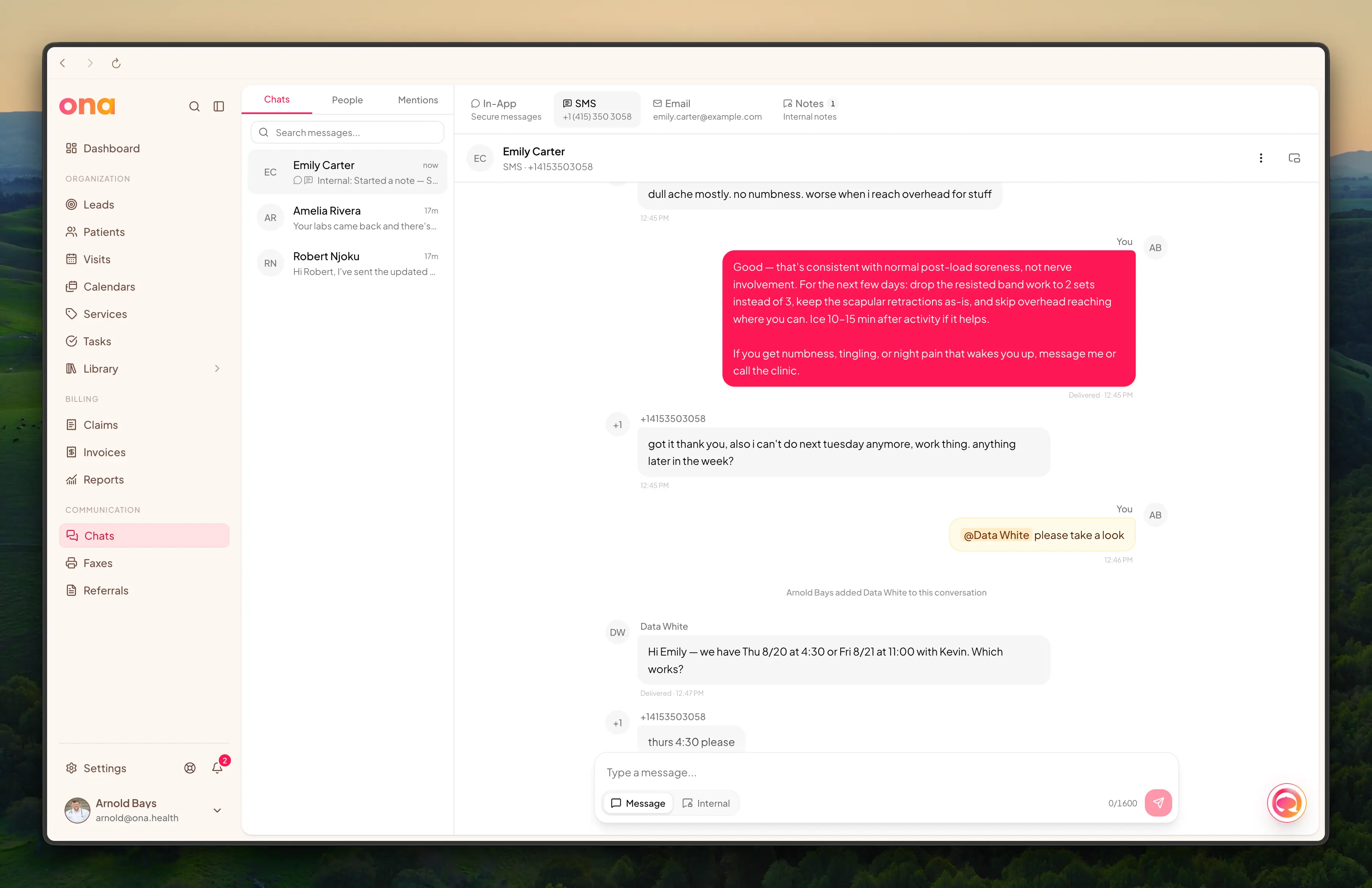 An SMS conversation in Chats, showing the channel tabs and an @mention
