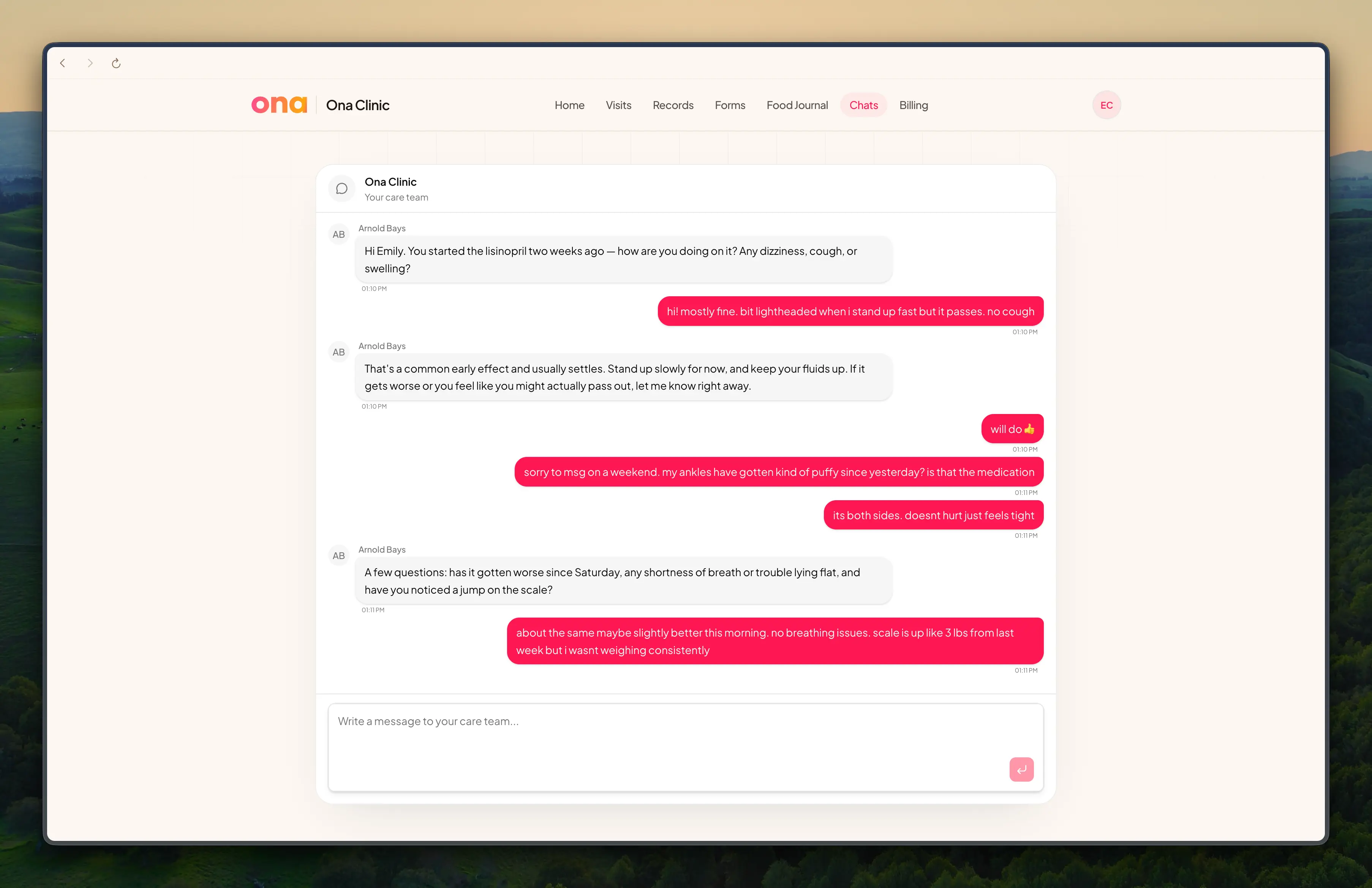 The patient portal Chats page, showing a single thread with the care team