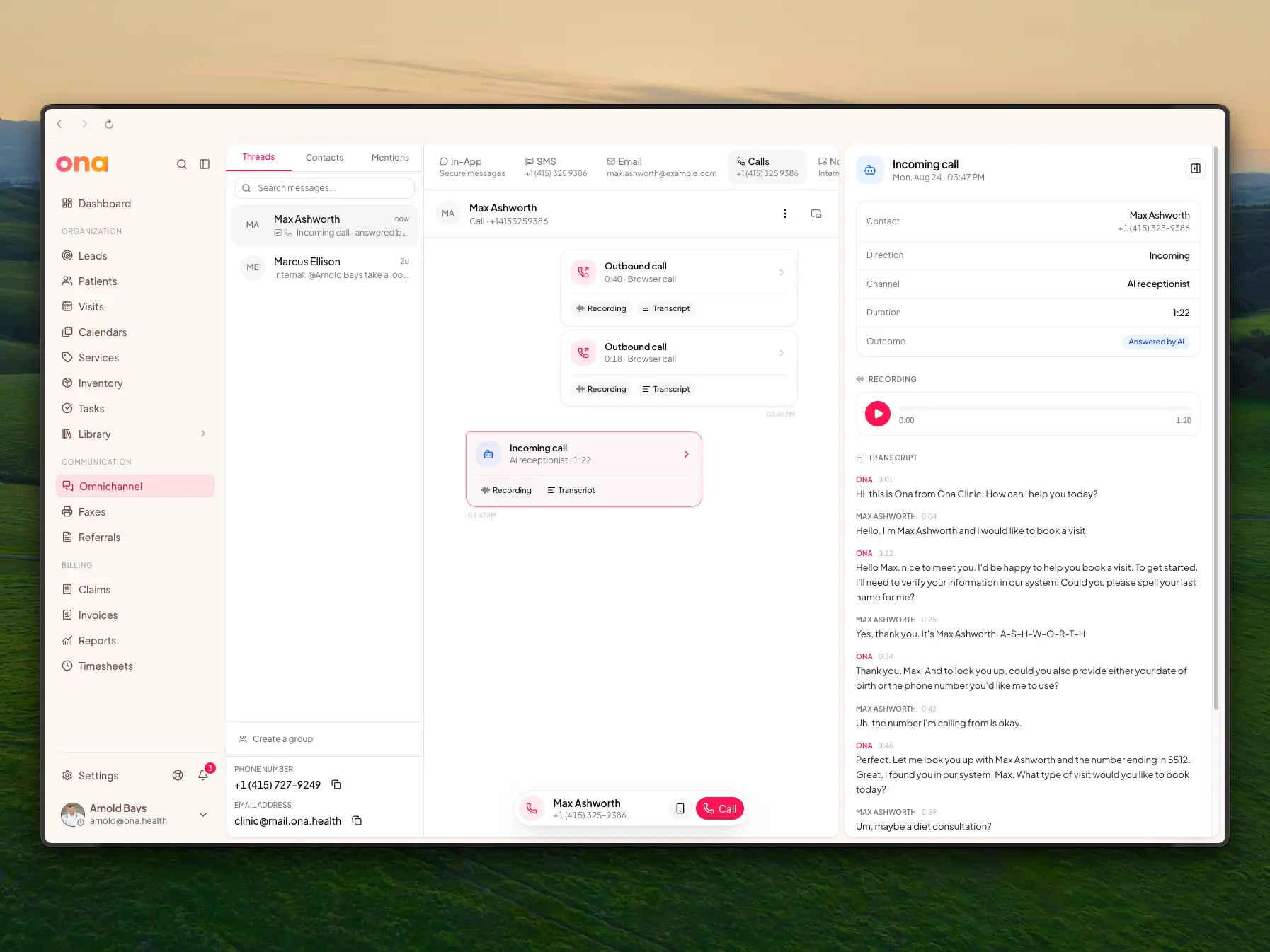 The call details panel beside the conversation: outcome header, contact, direction, channel, duration and outcome, the recording player, and the transcript with speaker labels