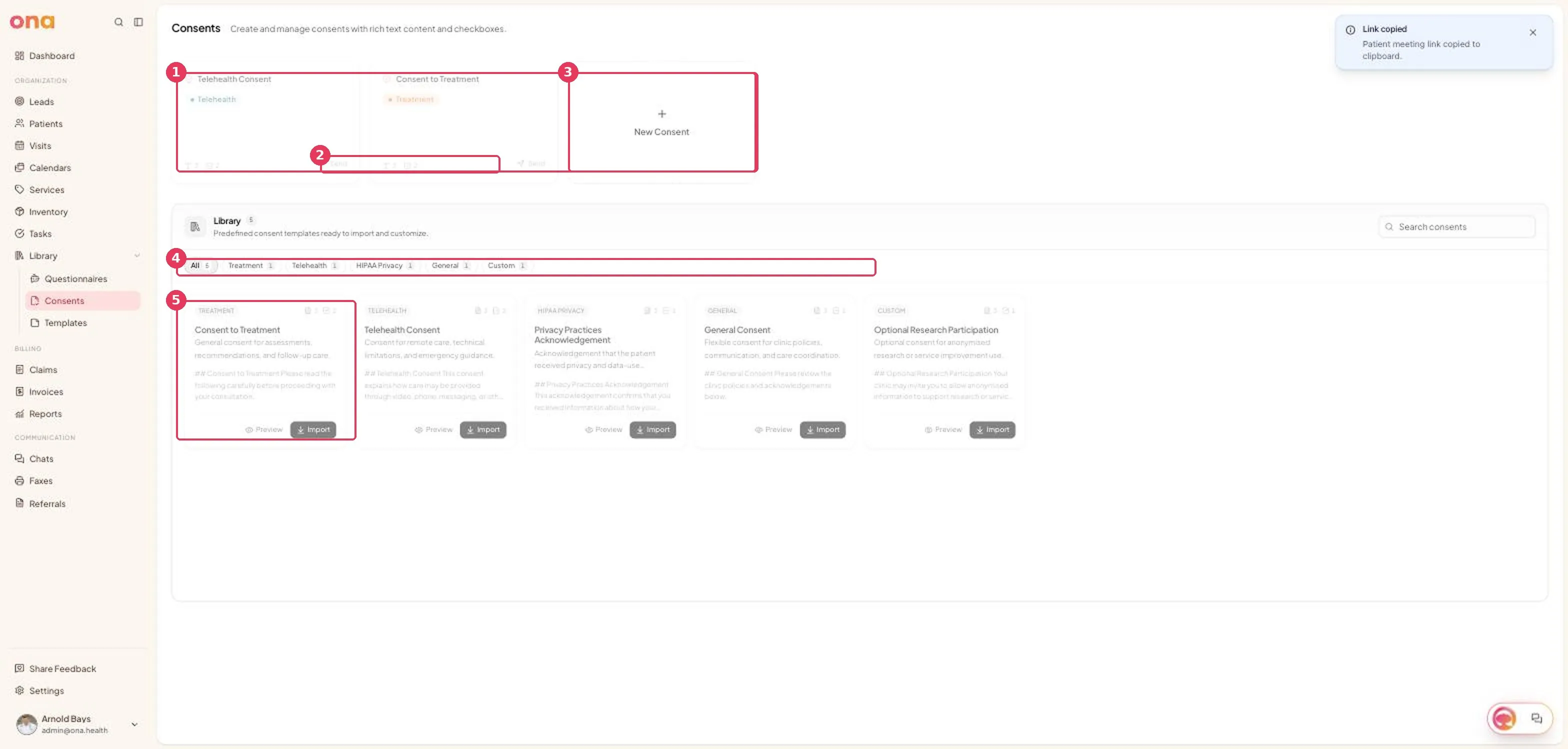 The Consents page, showing your consents above the import library