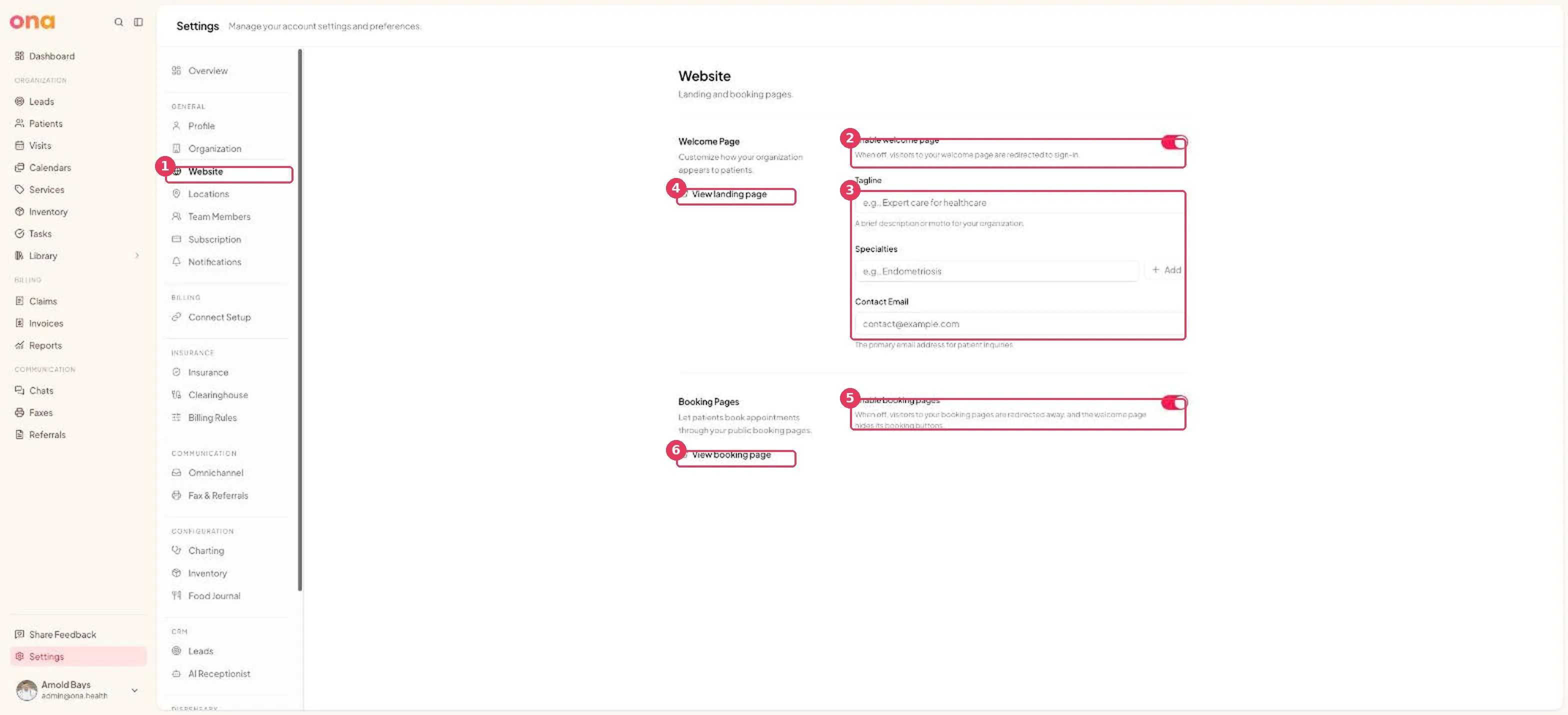 The Website settings page, showing welcome page and booking page controls