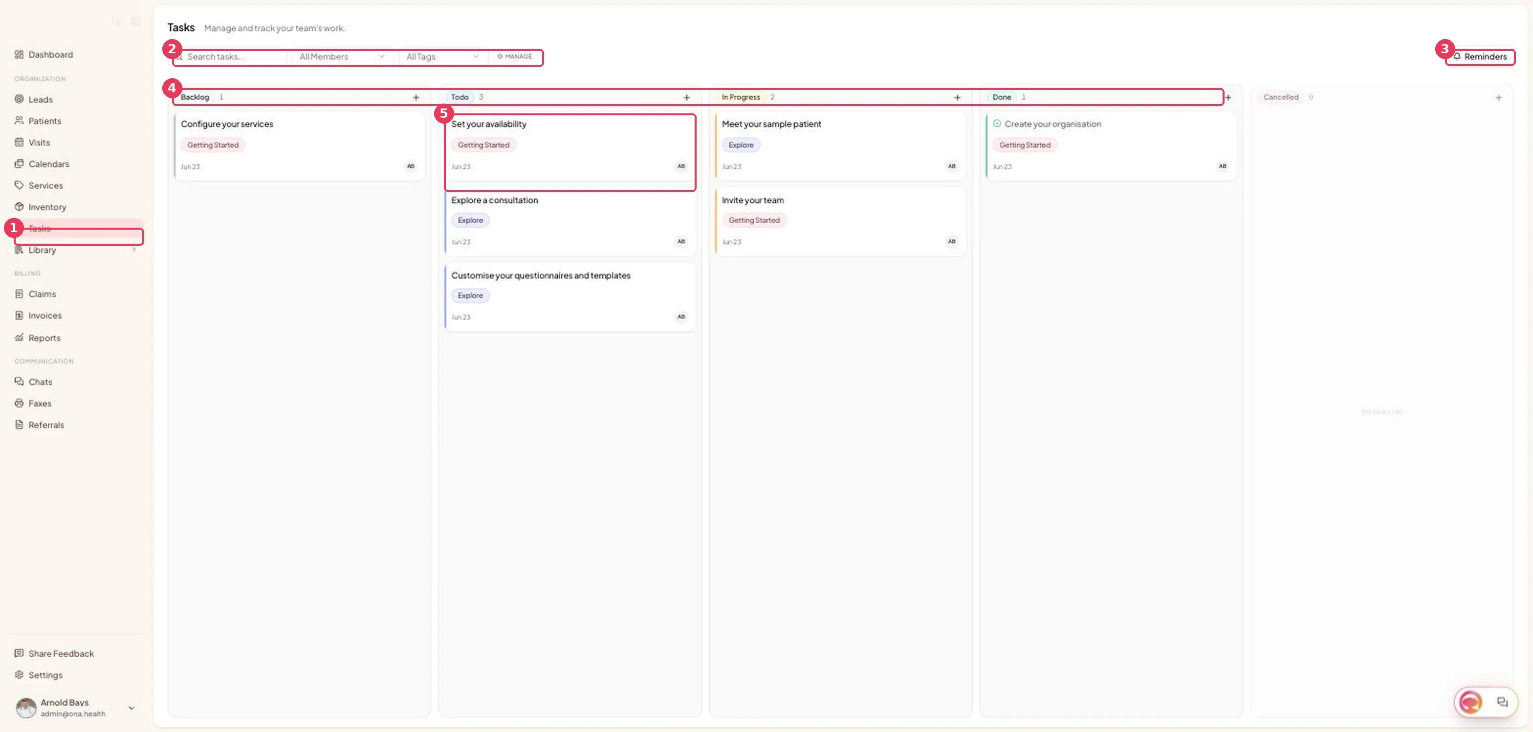 The Tasks kanban board, showing columns from Backlog to Cancelled