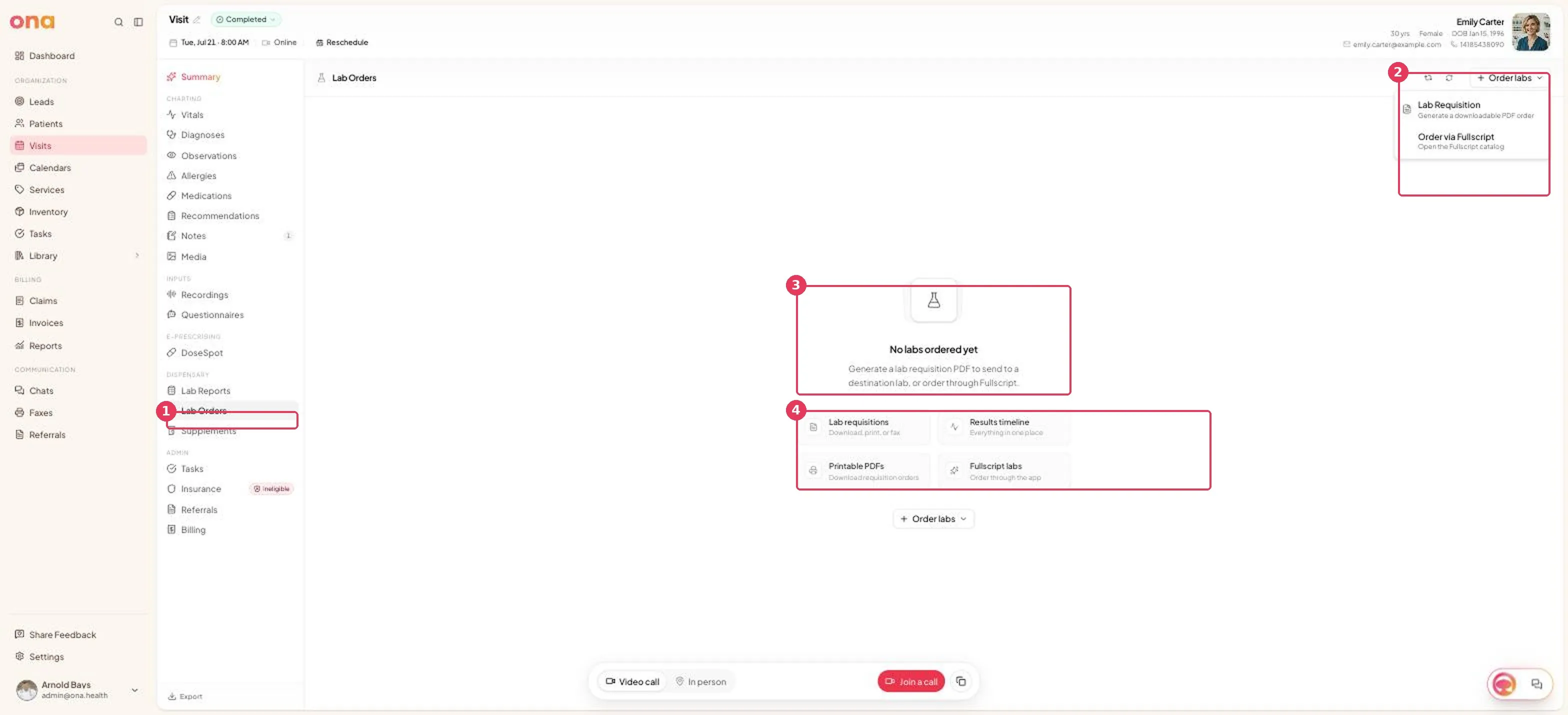 The Lab Orders tab, with the Order labs menu open