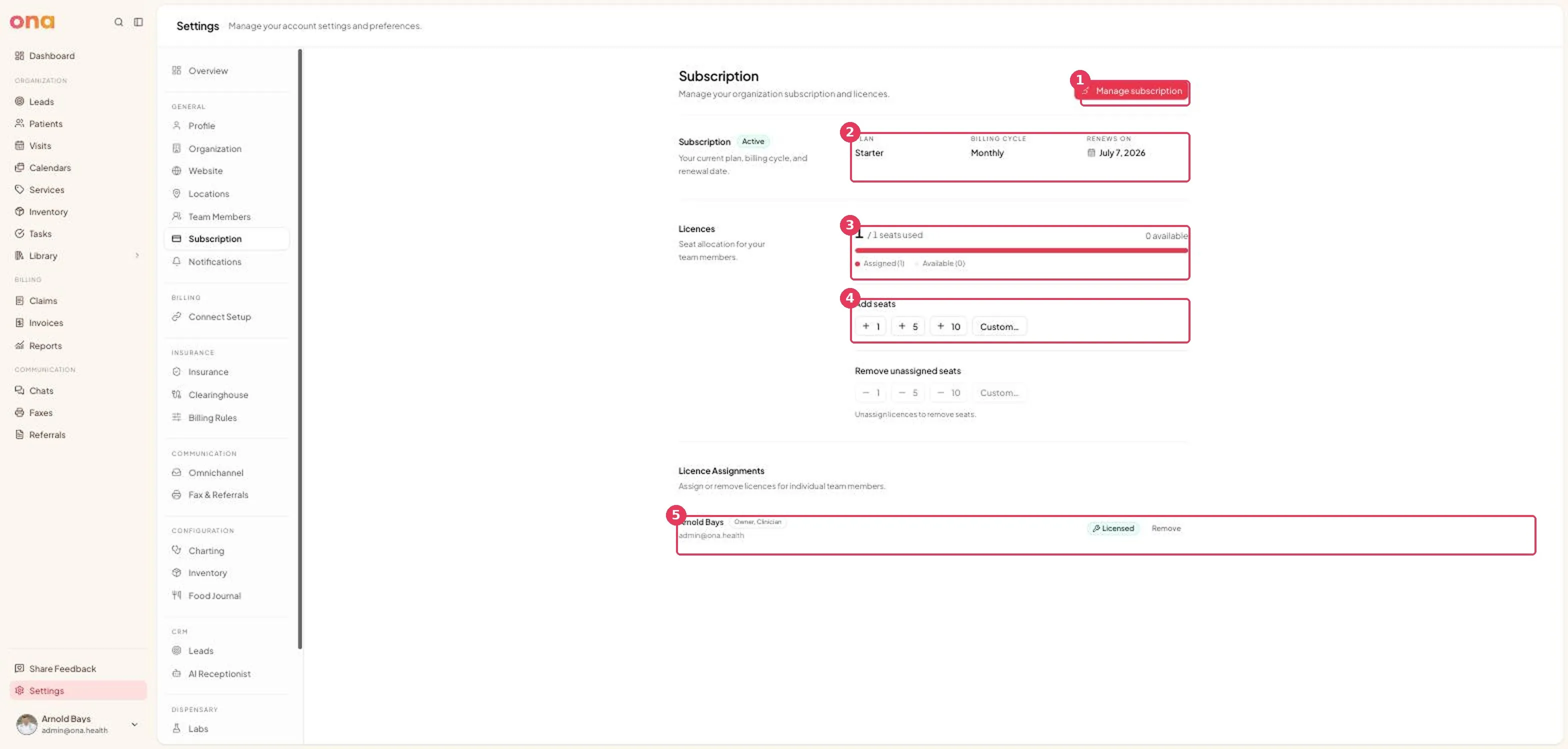 The Subscription page, where licences are assigned — the fix for the most common access problem