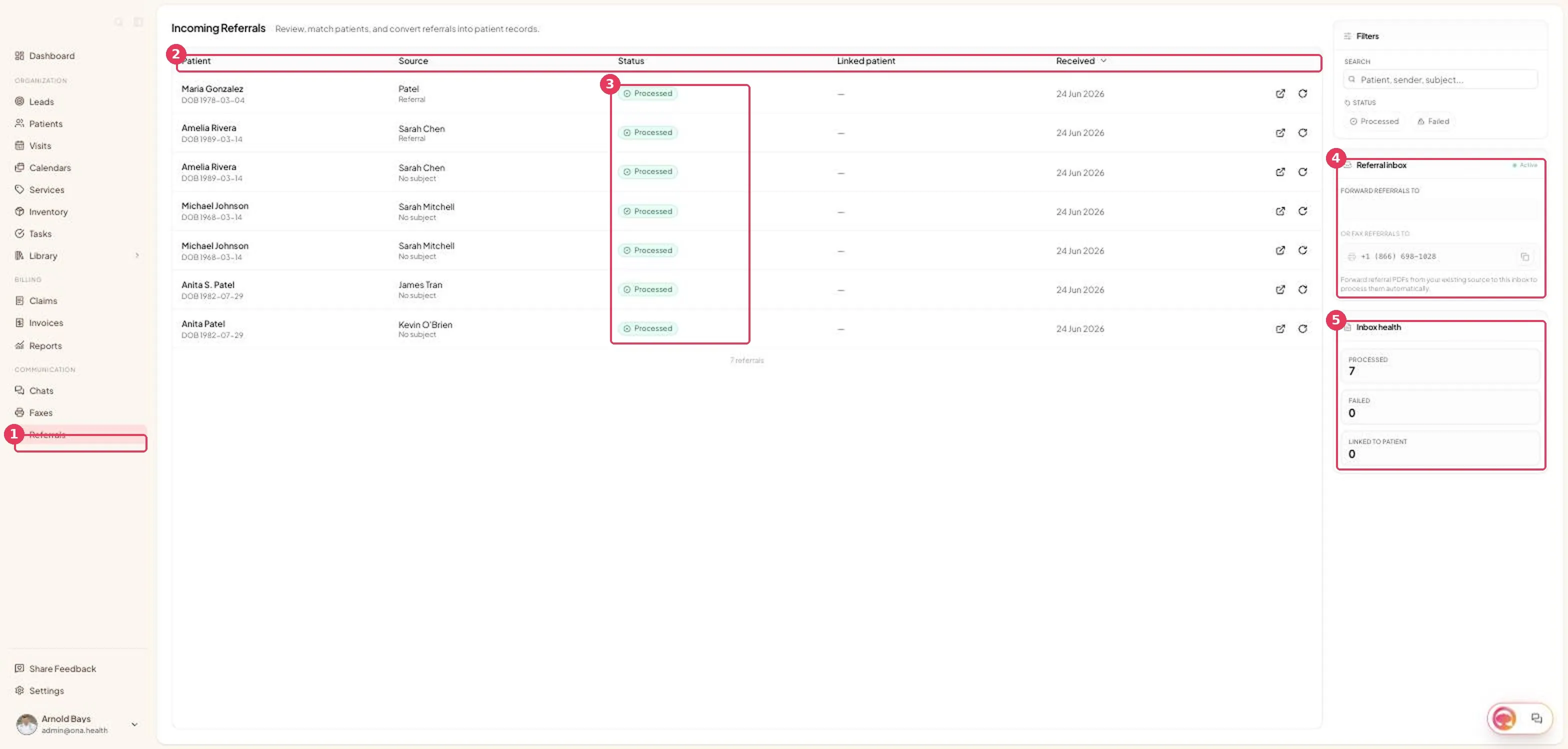 The Incoming Referrals page, showing the inbox and health panel