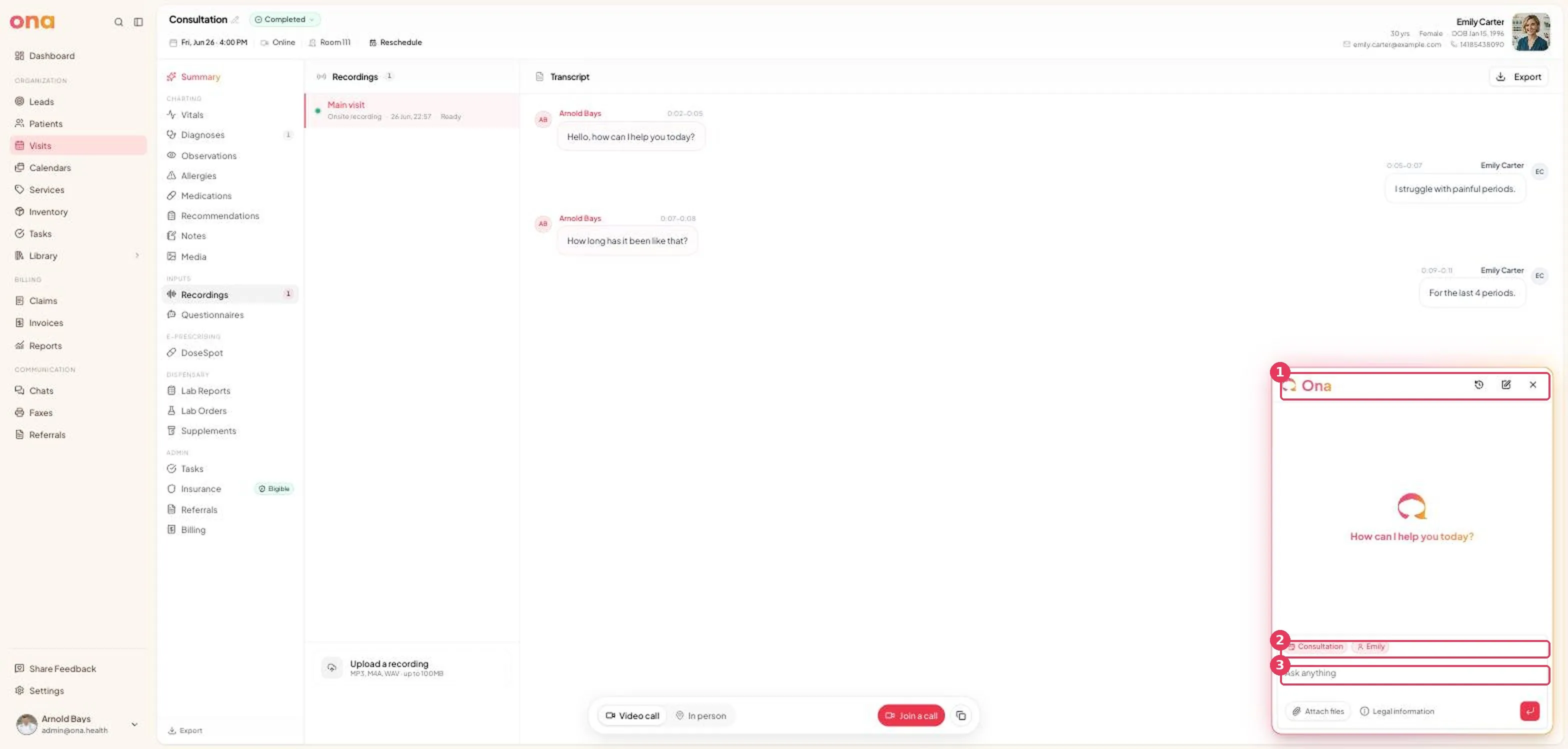 The Ona Assistant panel open, showing the input and context chips