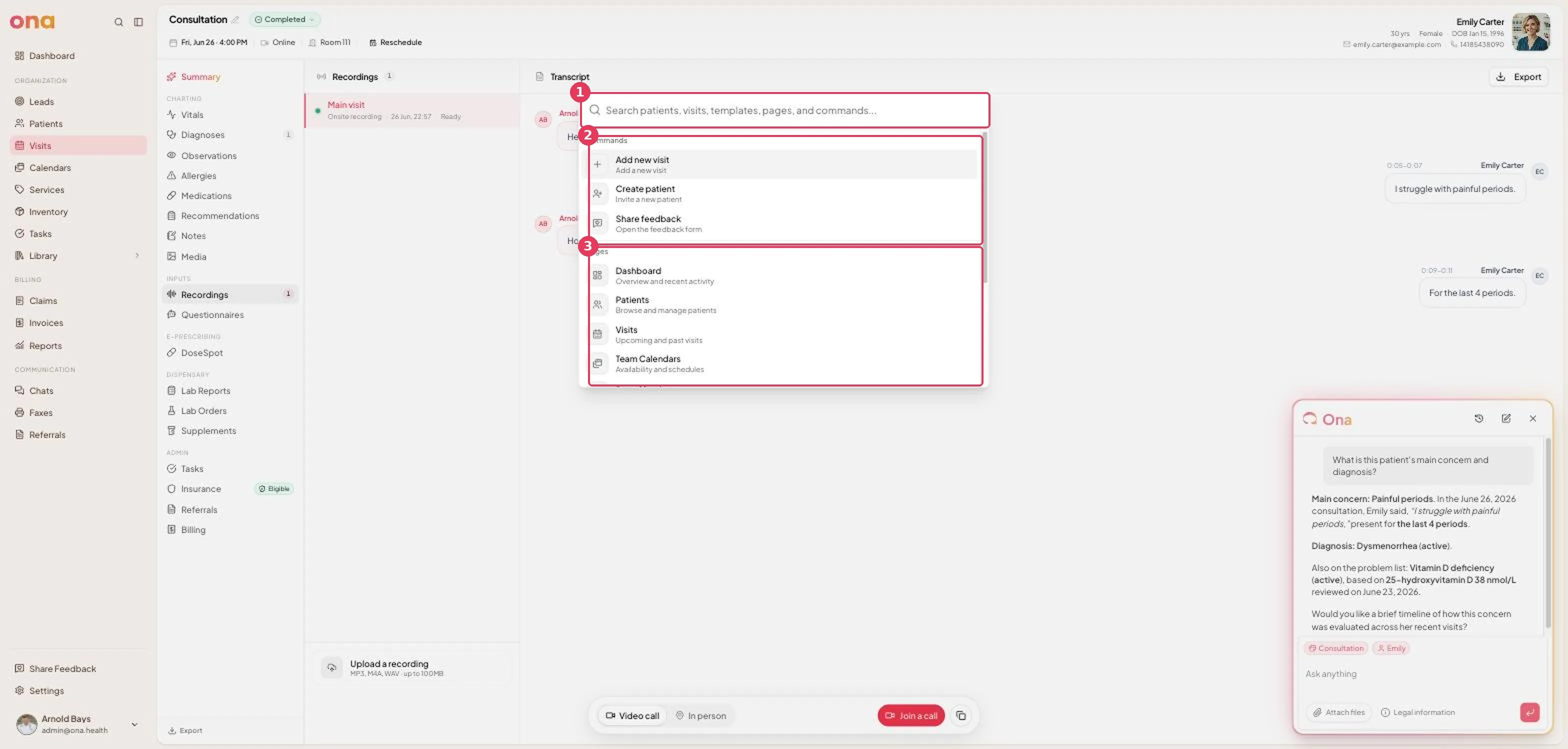 Spotlight search open, showing Commands and Pages