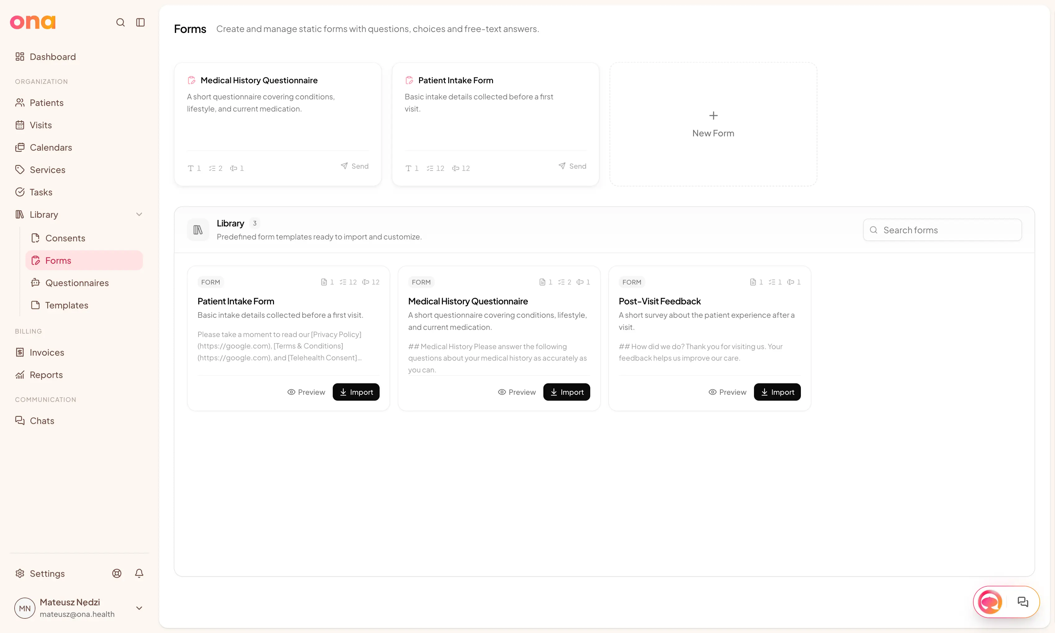The Forms page, showing your forms above the import library