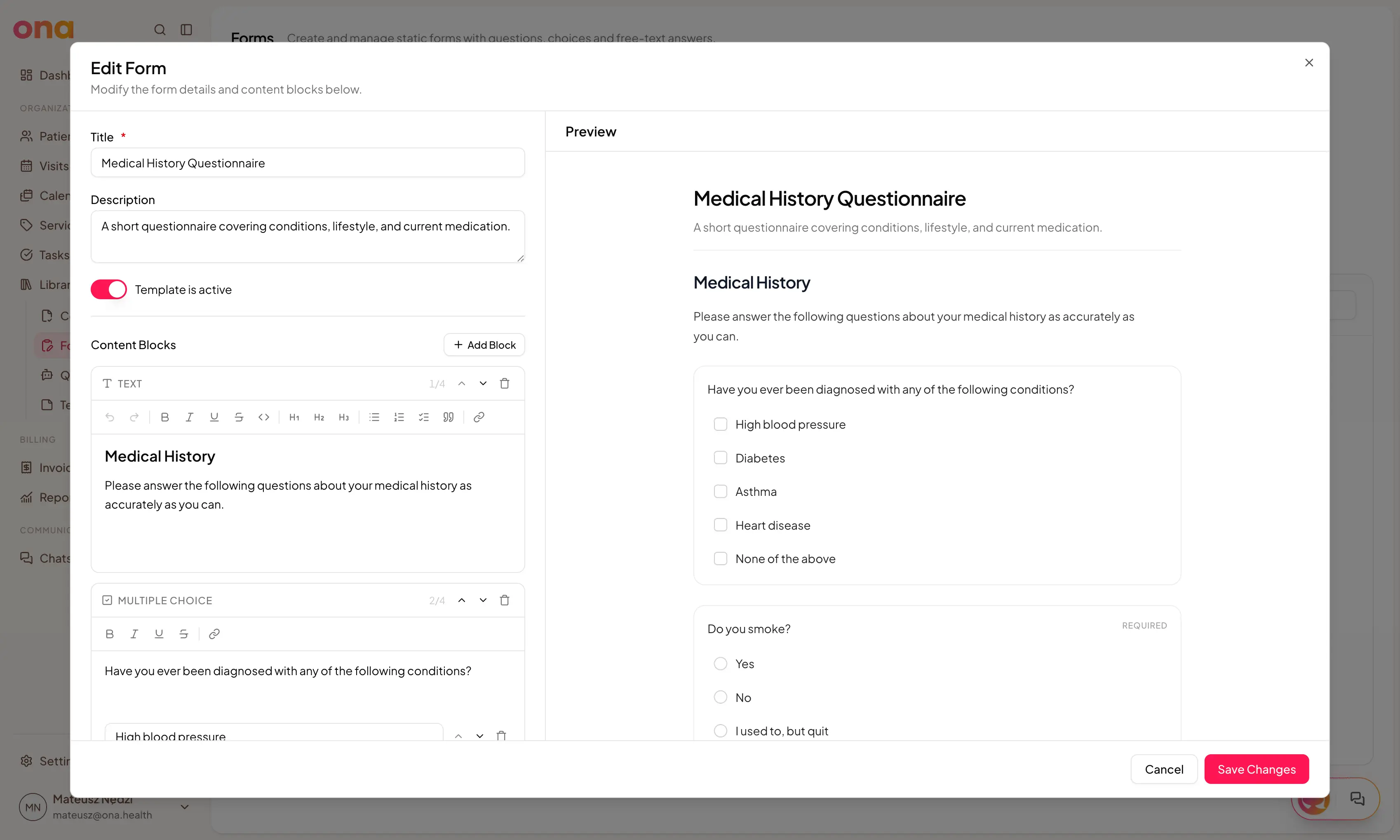 The form builder, with the block editor on the left and the live patient preview on the right