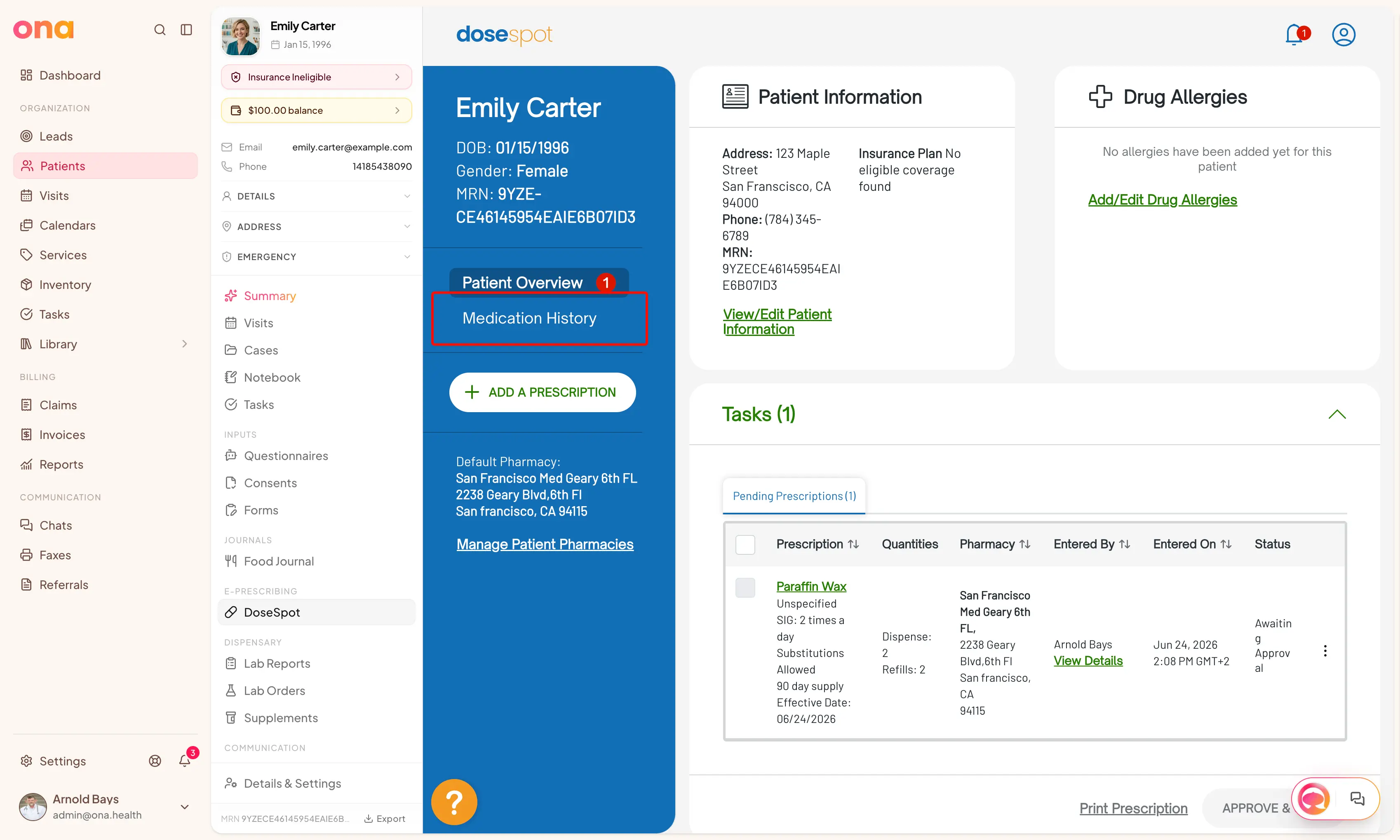 The DoseSpot chart open inside Ona, with Medication History in the left navigation