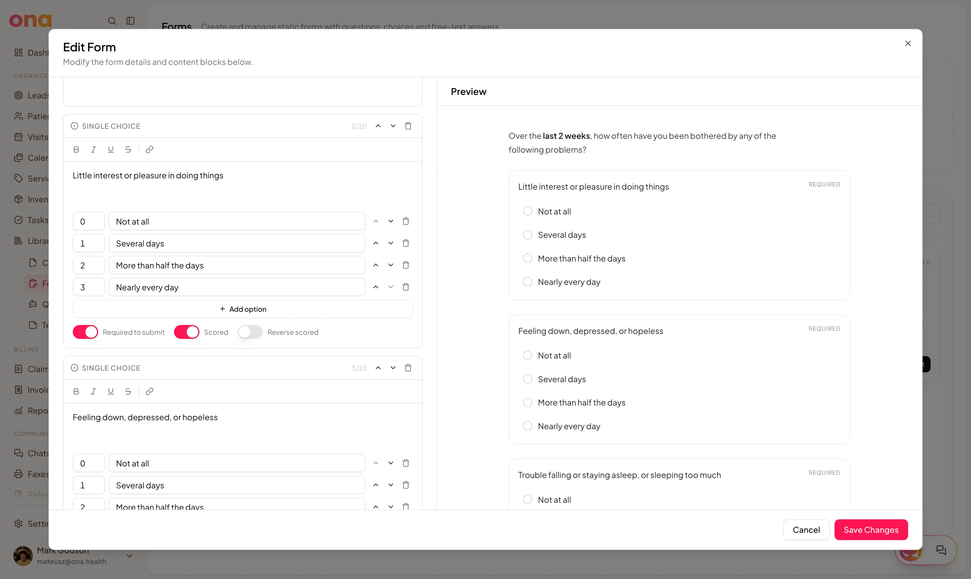 A scored single-choice question in the builder — point values beside each option, with Required, Scored and Reverse scored toggles below