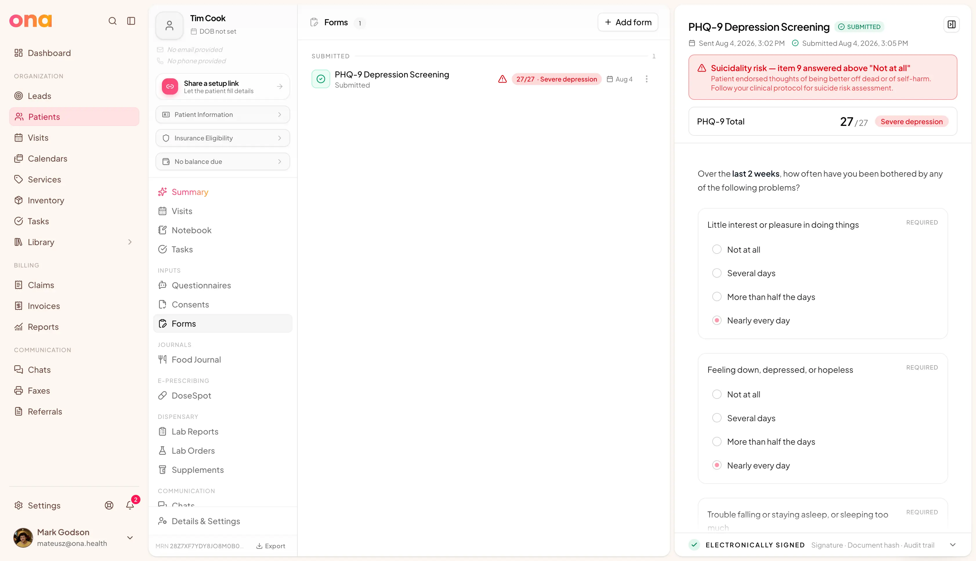 A submitted PHQ-9 on the patient record — the score badge on the list row, and the flag callout and score card in the form view