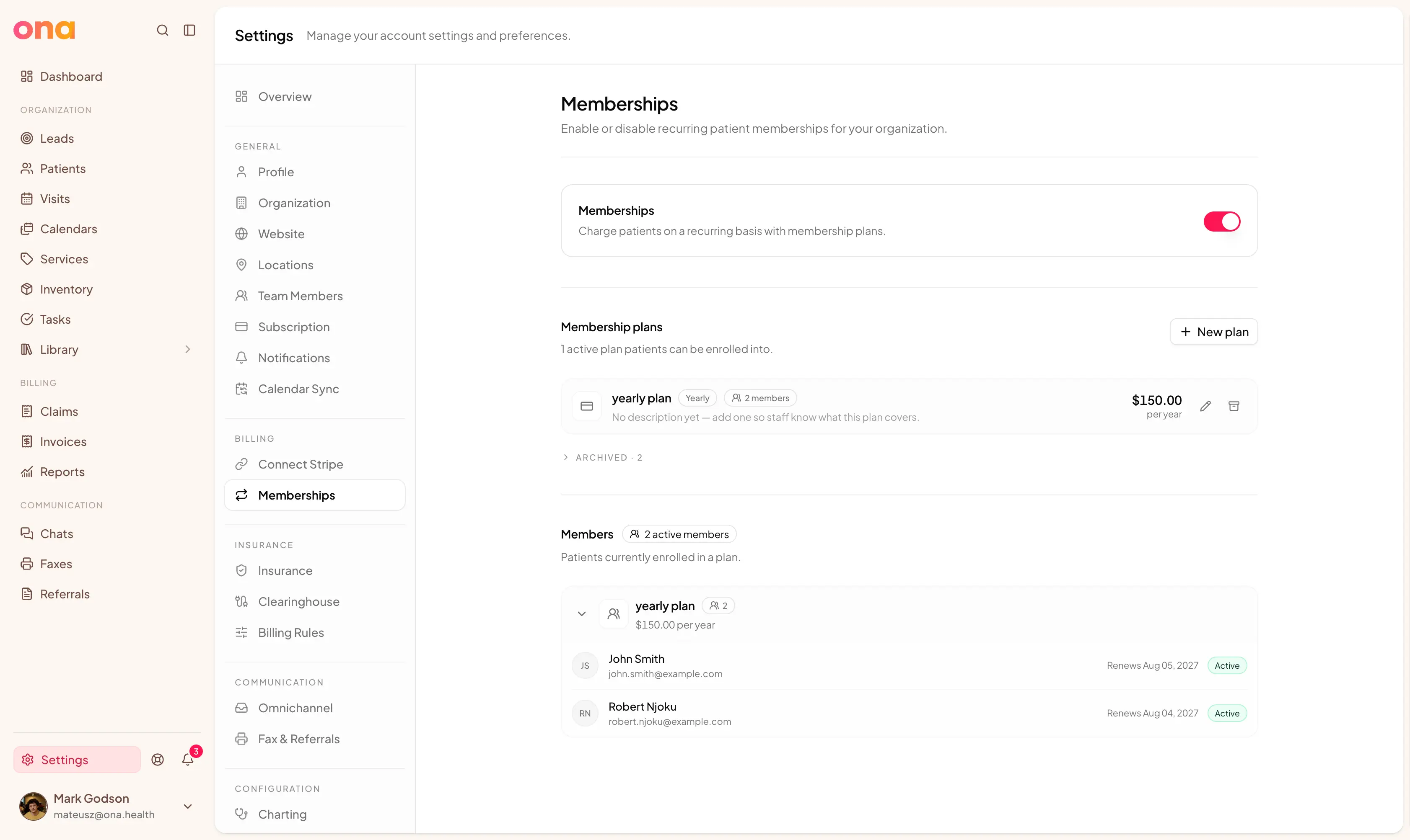 The Memberships settings page — the toggle, the plan list, and members grouped by plan