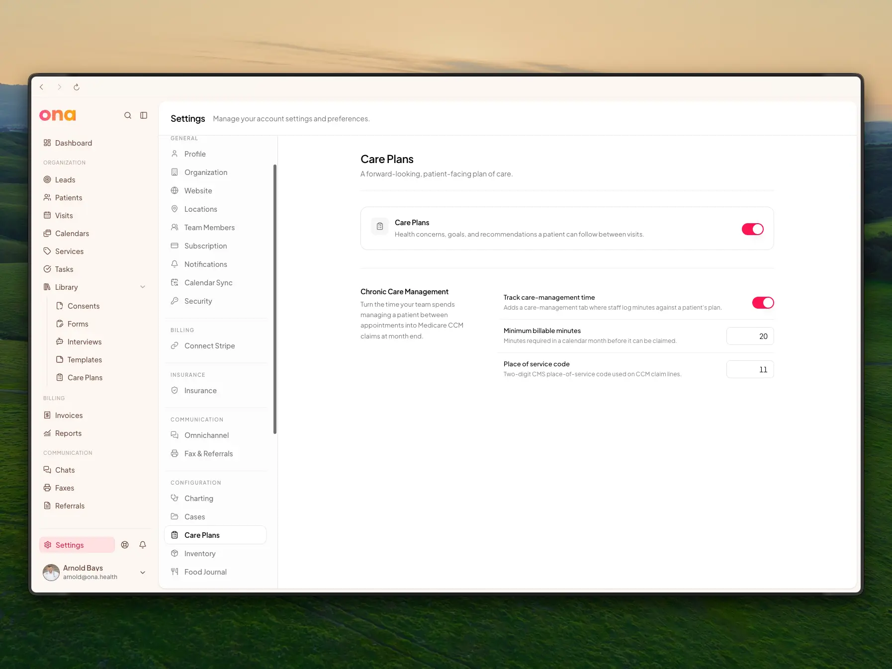 The Care Plans settings page, with the feature toggle and the chronic care management options below it