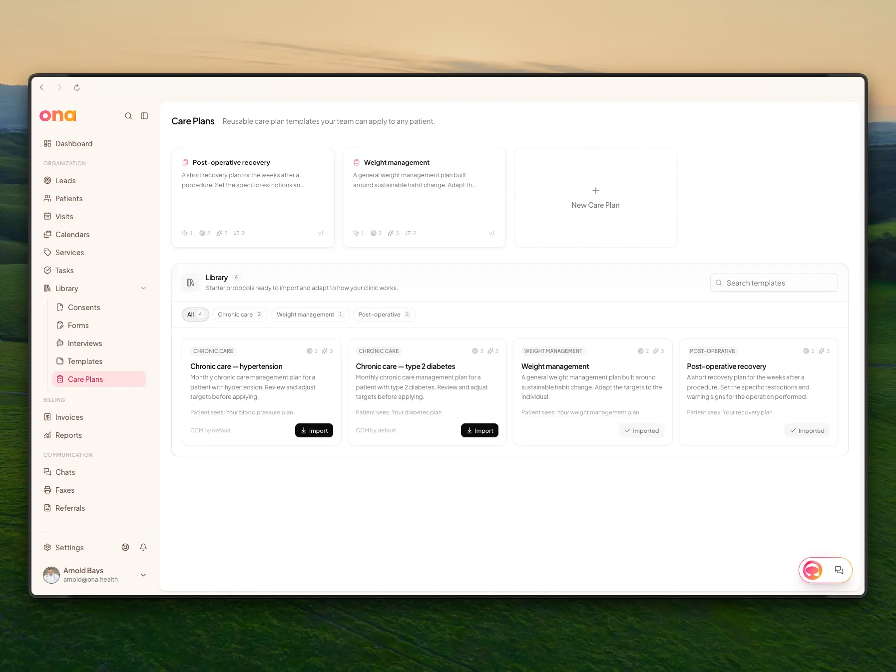 The Care Plans page, with your templates above the starter library