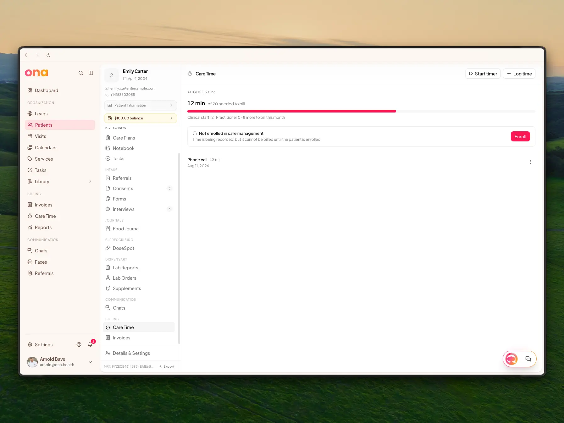 The Care Time tab on a patient record, showing the month's progress and a logged phone call