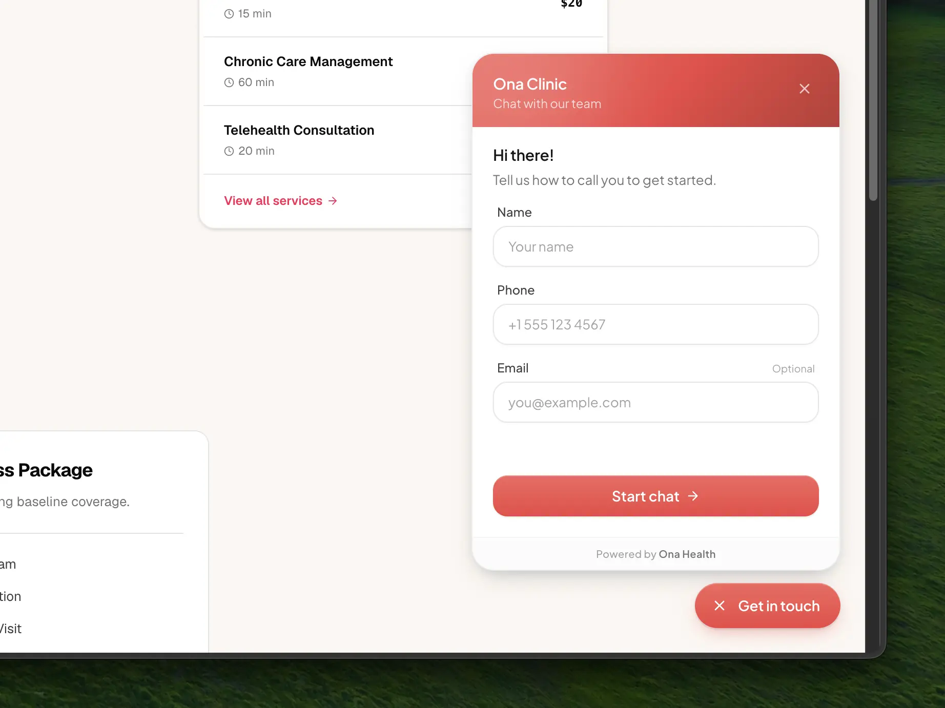 The widget's contact form on a clinic website, asking for name, phone and email
