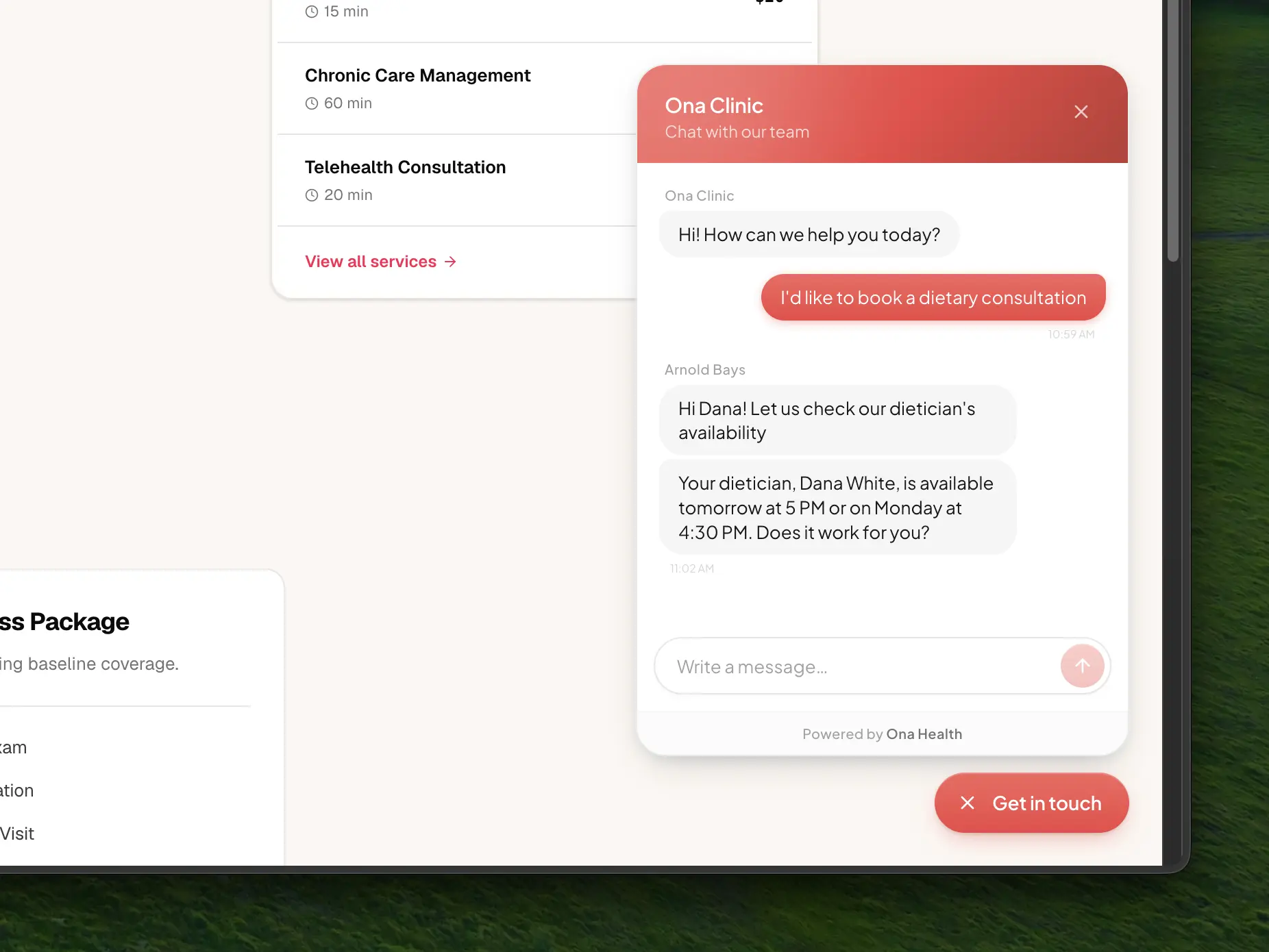 The widget chat with the welcome message and replies from the clinic team