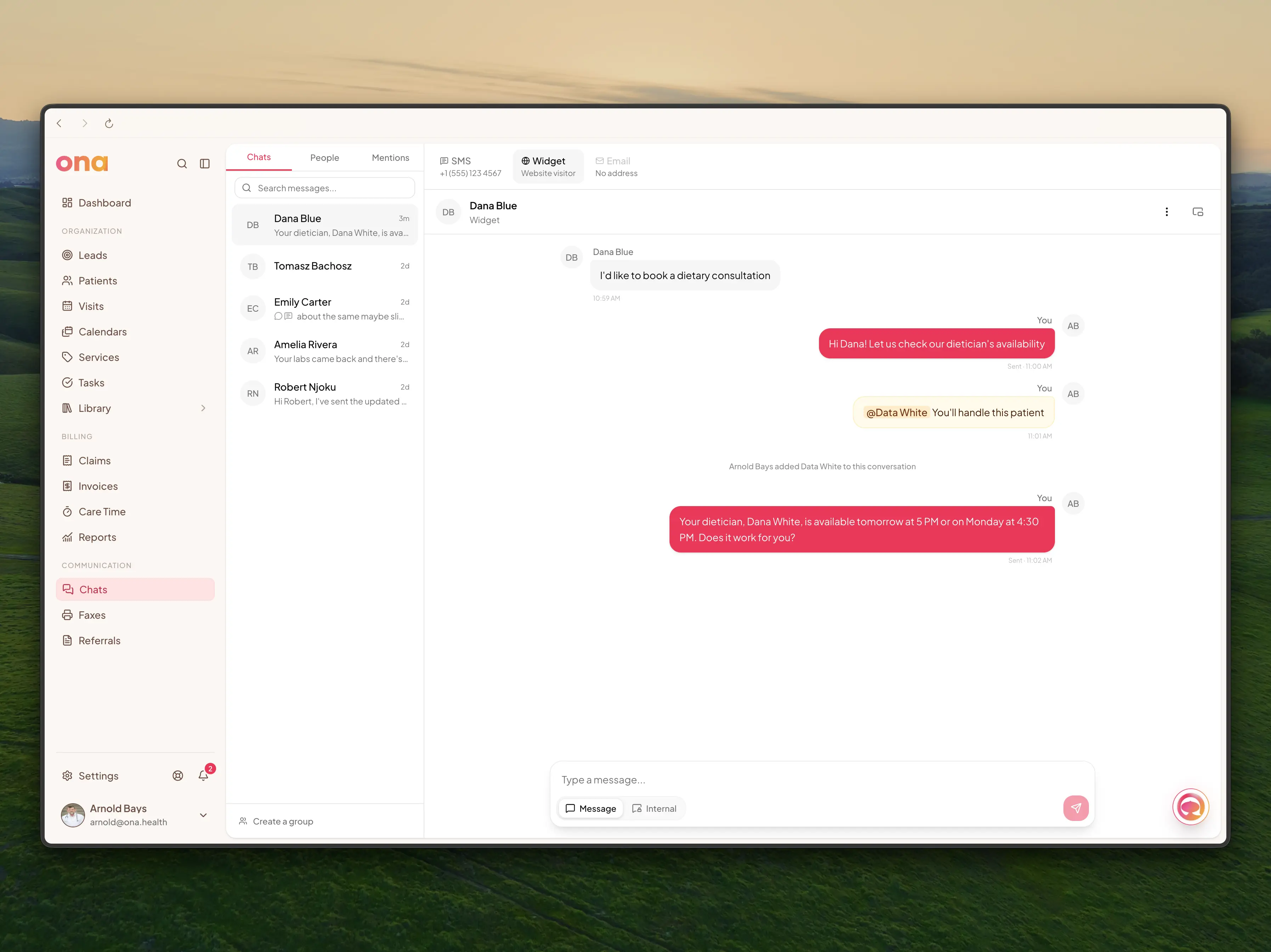 A widget conversation in the Chats inbox, with a staff reply and an internal mention