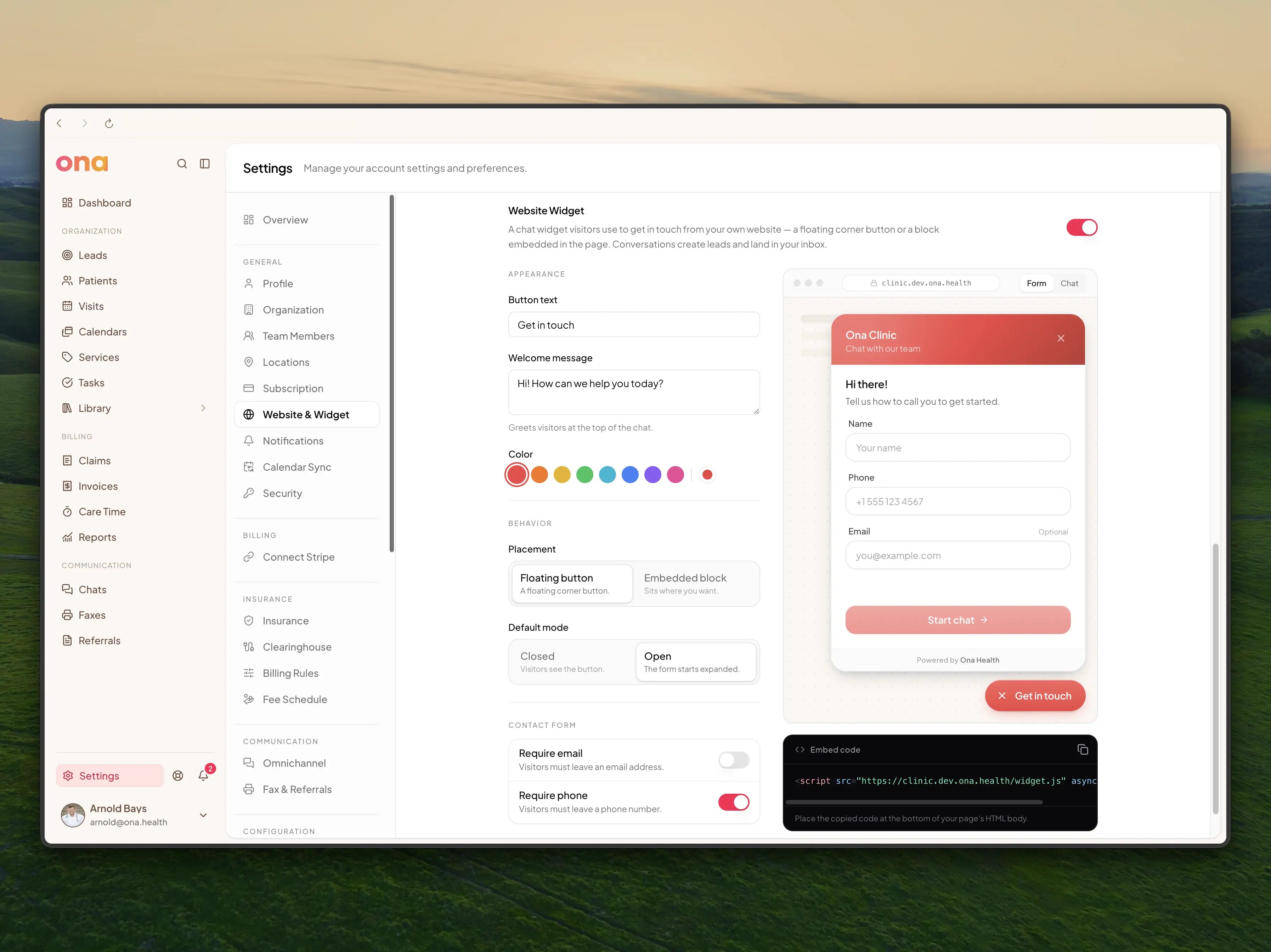 The Website & Widget settings page, showing the widget builder and a live preview