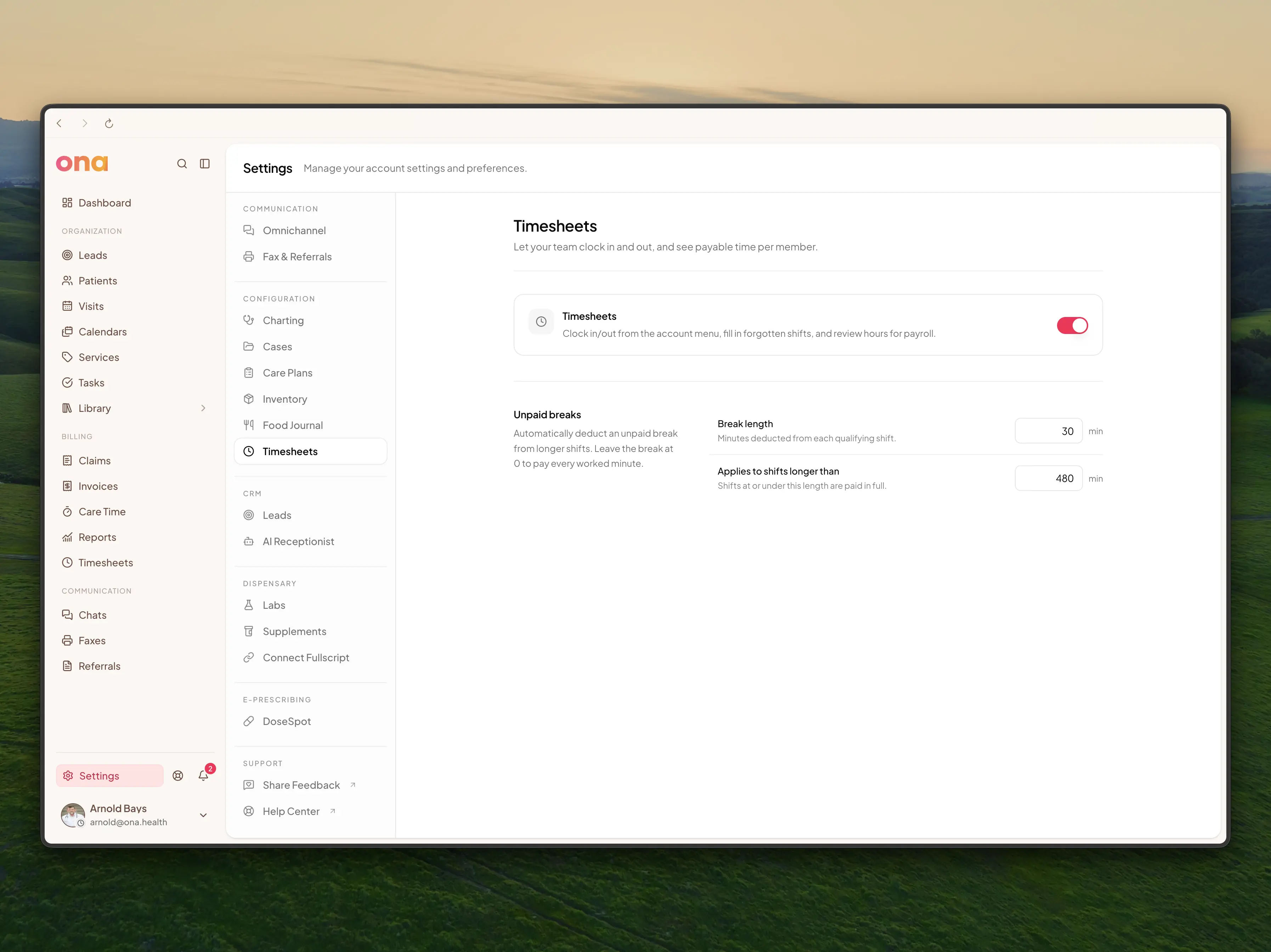 The Timesheets settings page with the feature toggle and the unpaid-break rule