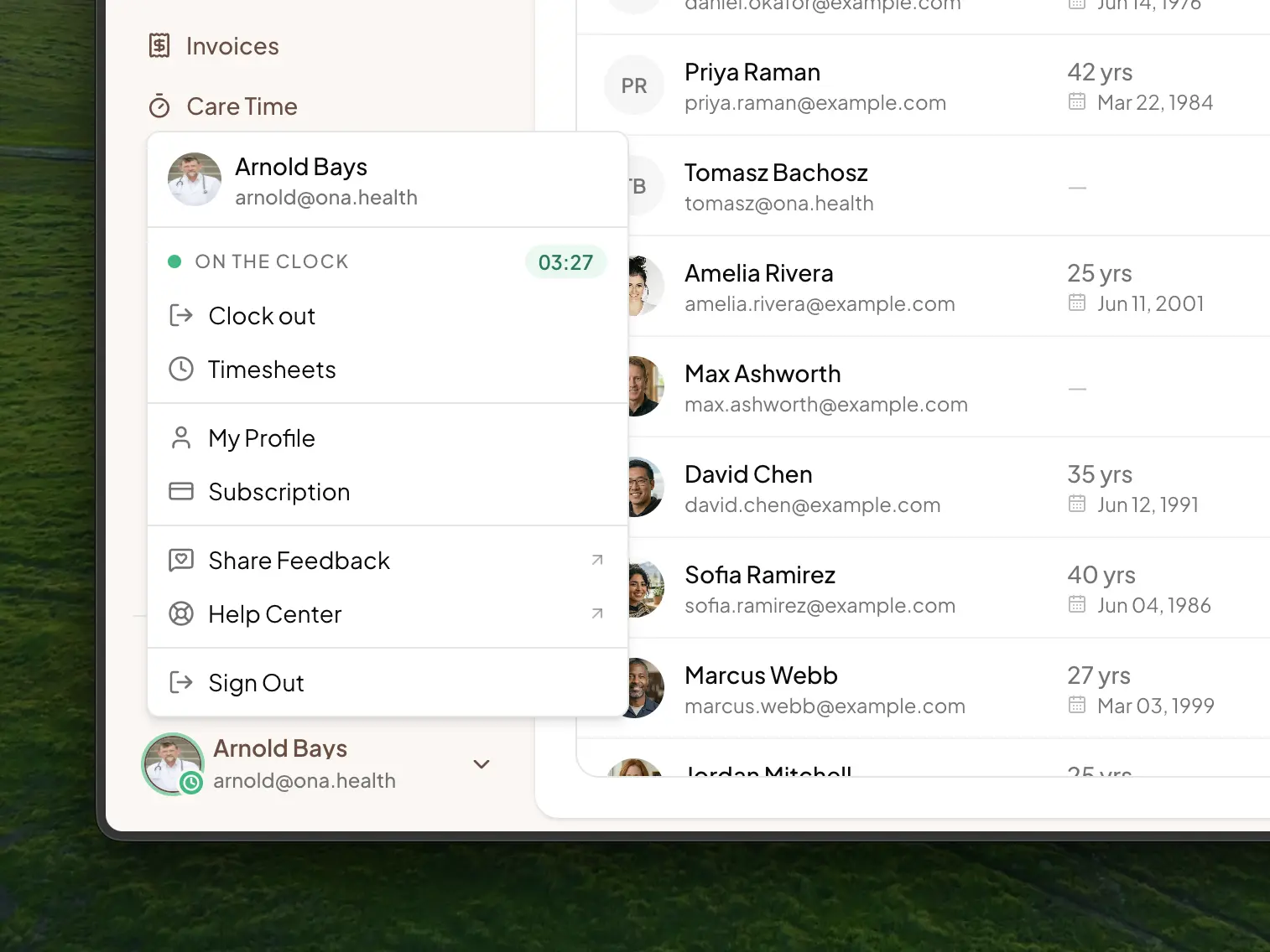 The account menu on the clock: a green status pill counting up, and a Clock out button