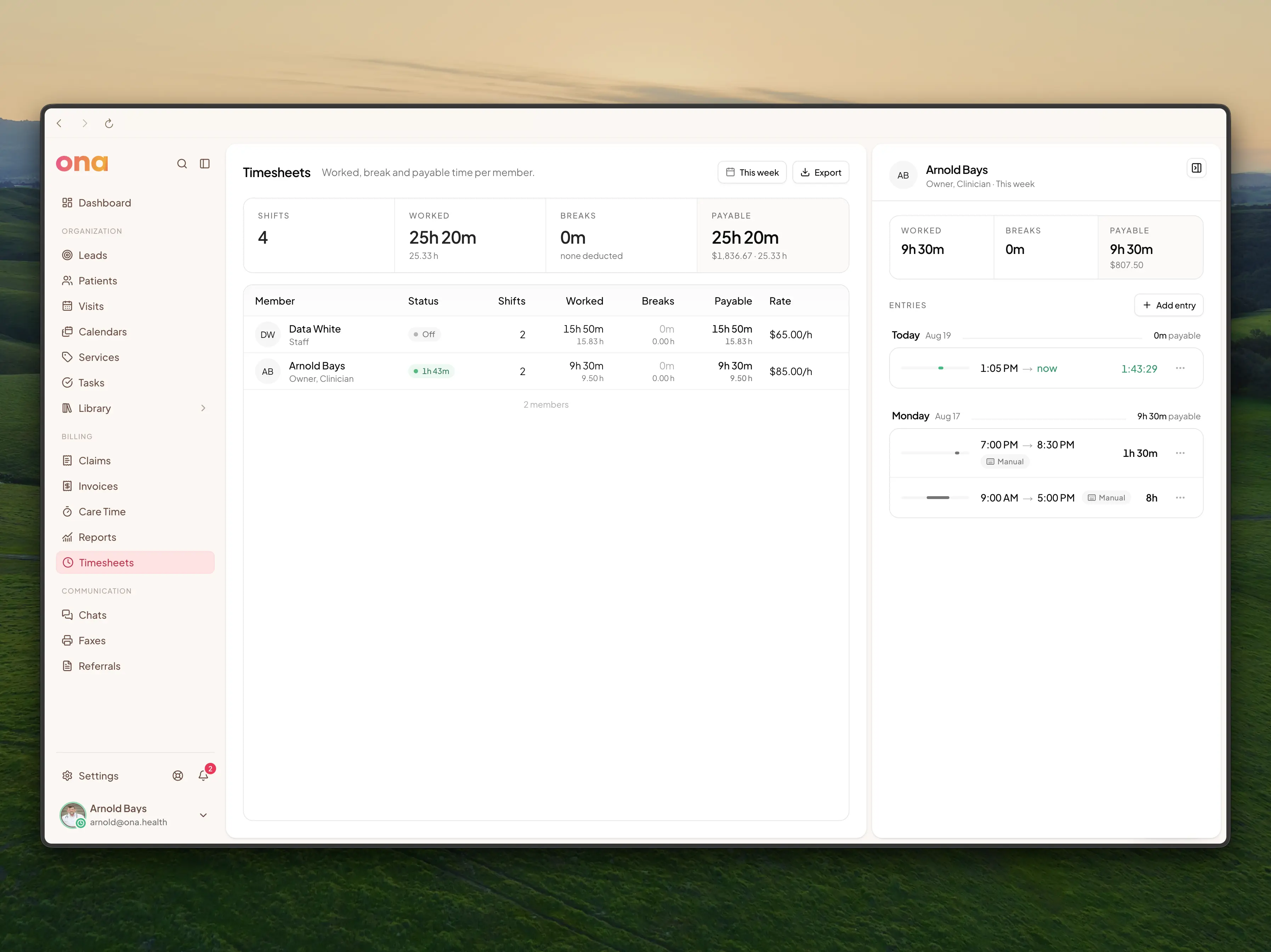 The Timesheets page: totals strip, one row per member with status, shifts, worked, breaks, payable and rate, and a member's entries open in the side panel