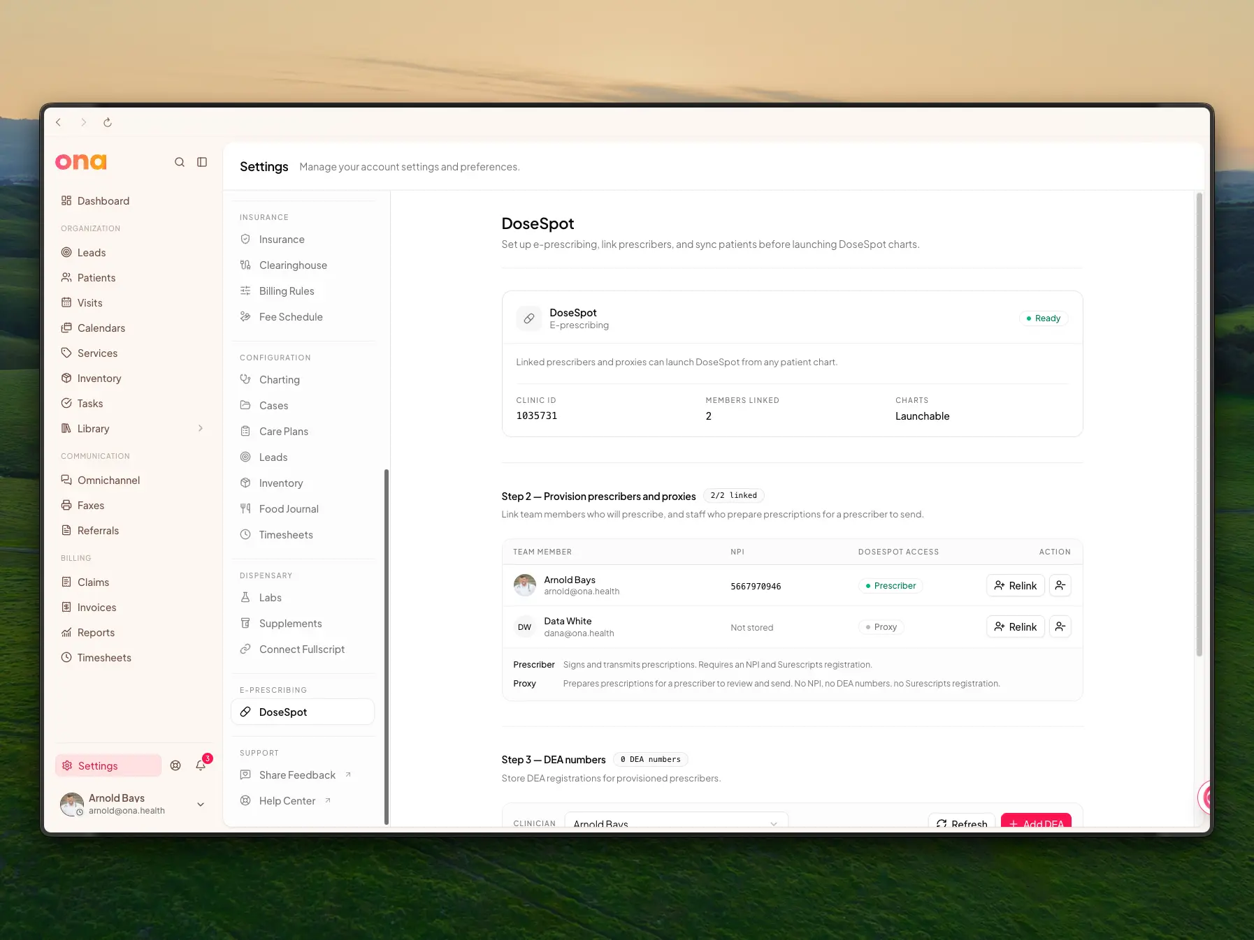 The DoseSpot settings page, showing the connection card and the provisioning steps beneath it