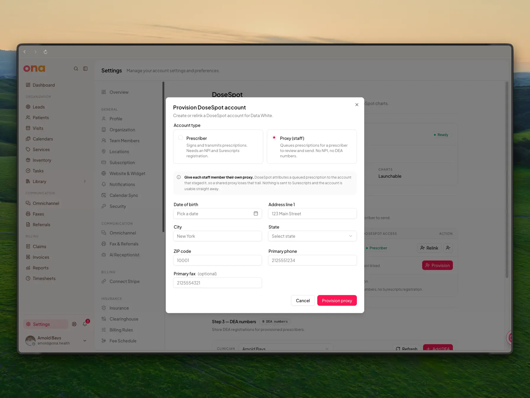 The Provision DoseSpot account dialog, with Prescriber and Proxy (staff) as the two account types