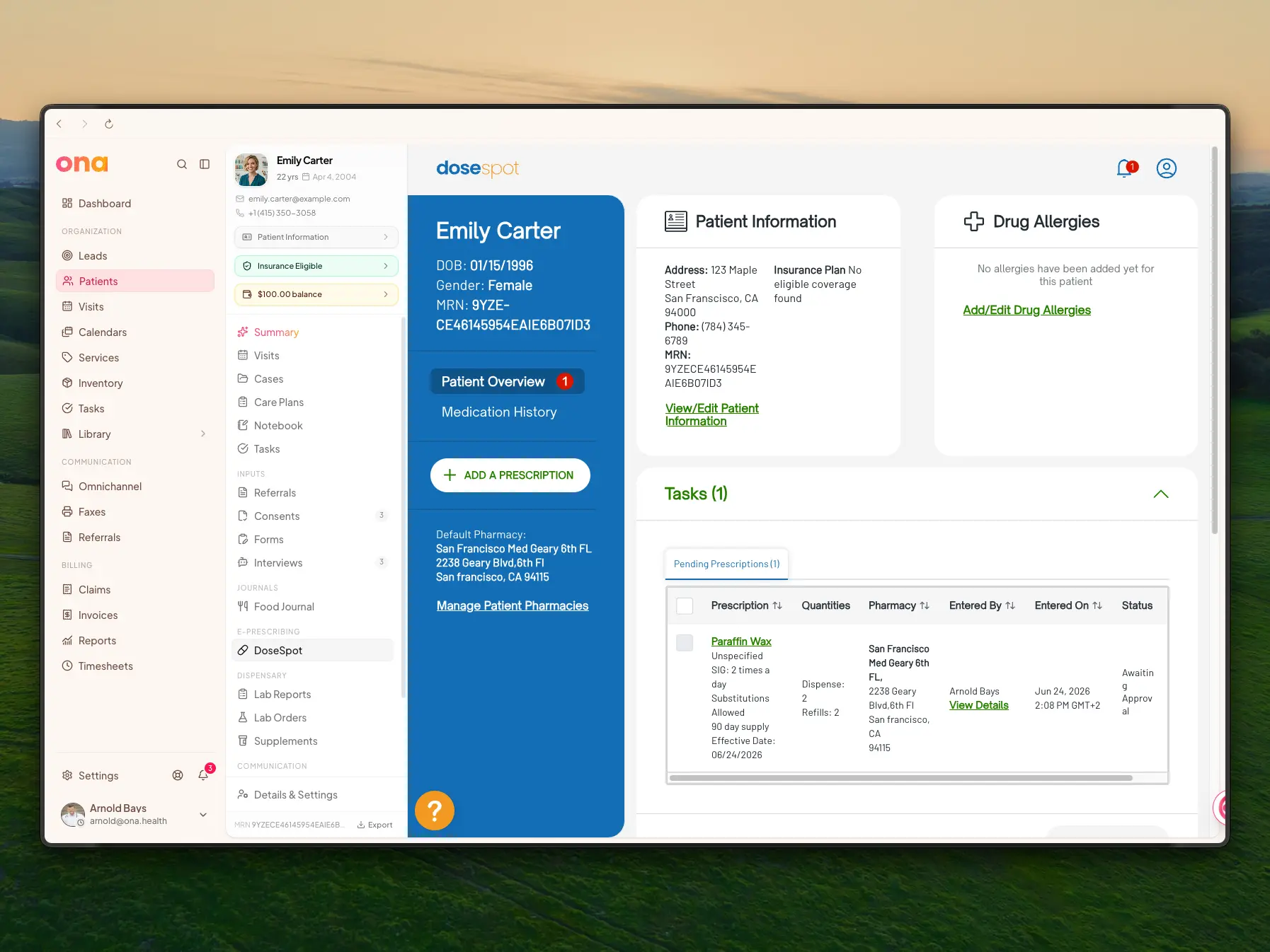 The DoseSpot chart open inside Ona, showing the patient, their pharmacy, and pending prescriptions