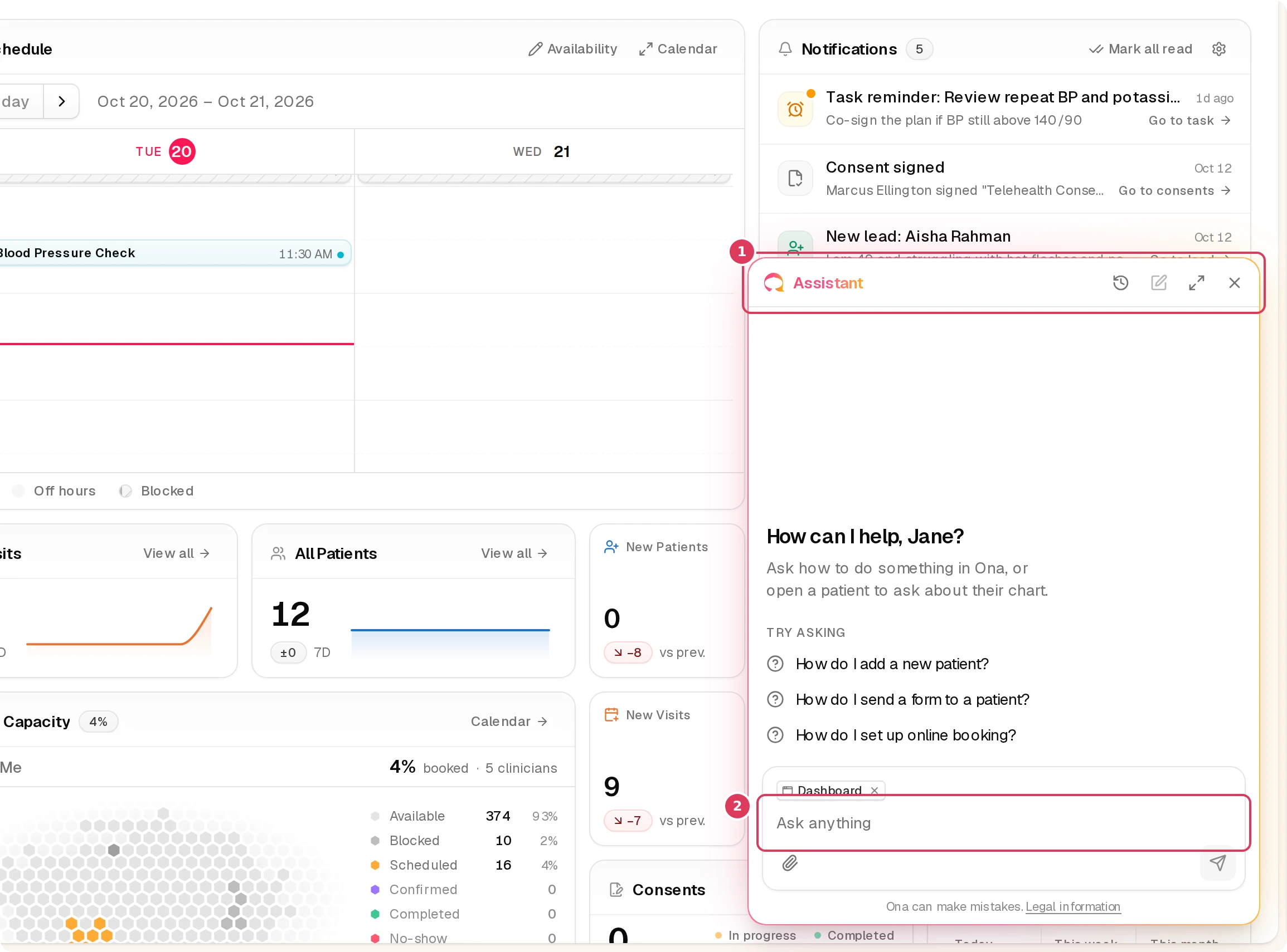 The Ona Assistant dialog is open over the dashboard, with the Assistant header in the top banner and the Ask anything question input near the bottom above the Attach files and Send controls.
