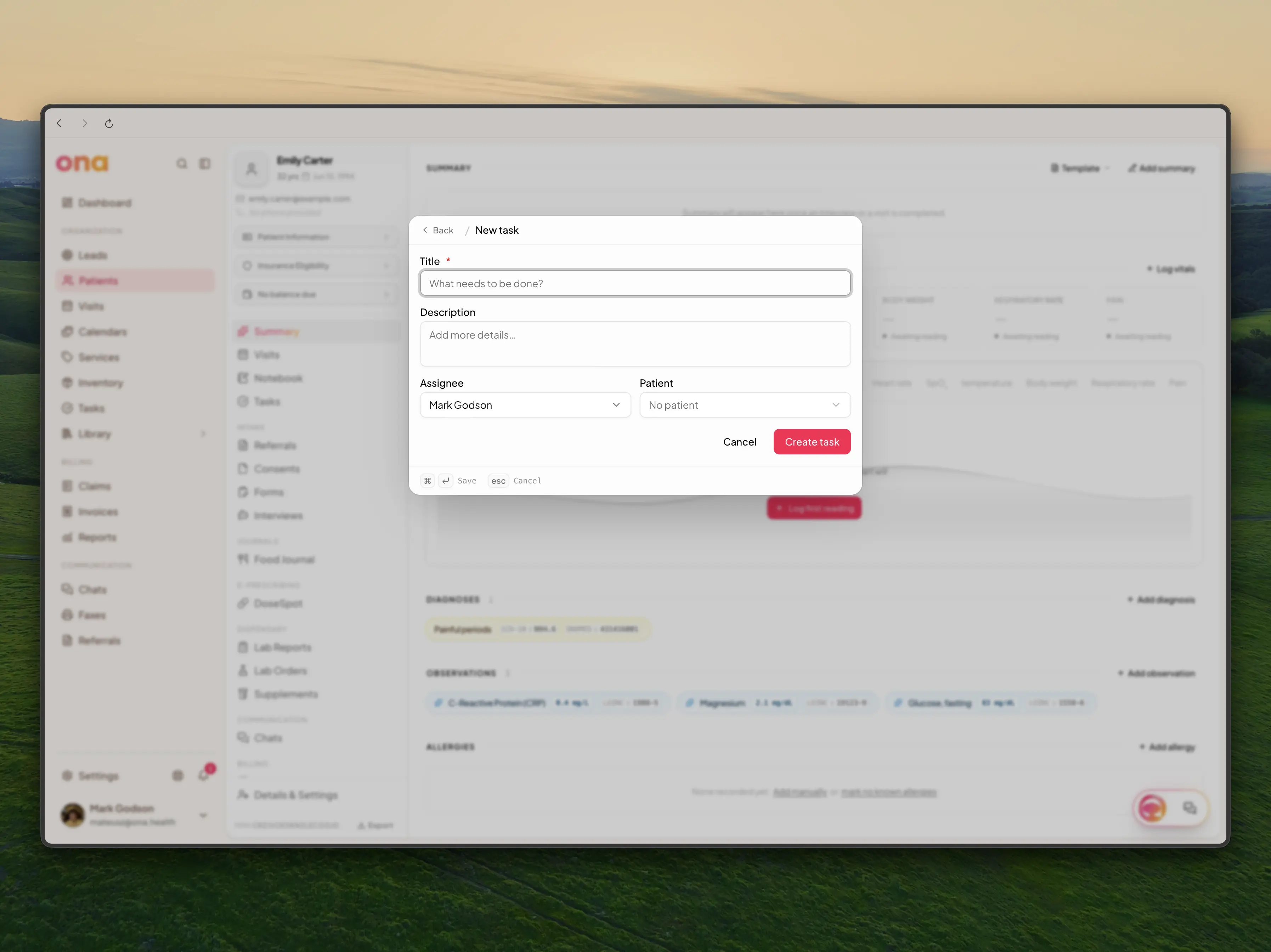The New task form inside the command menu, with title, description, assignee, and patient fields
