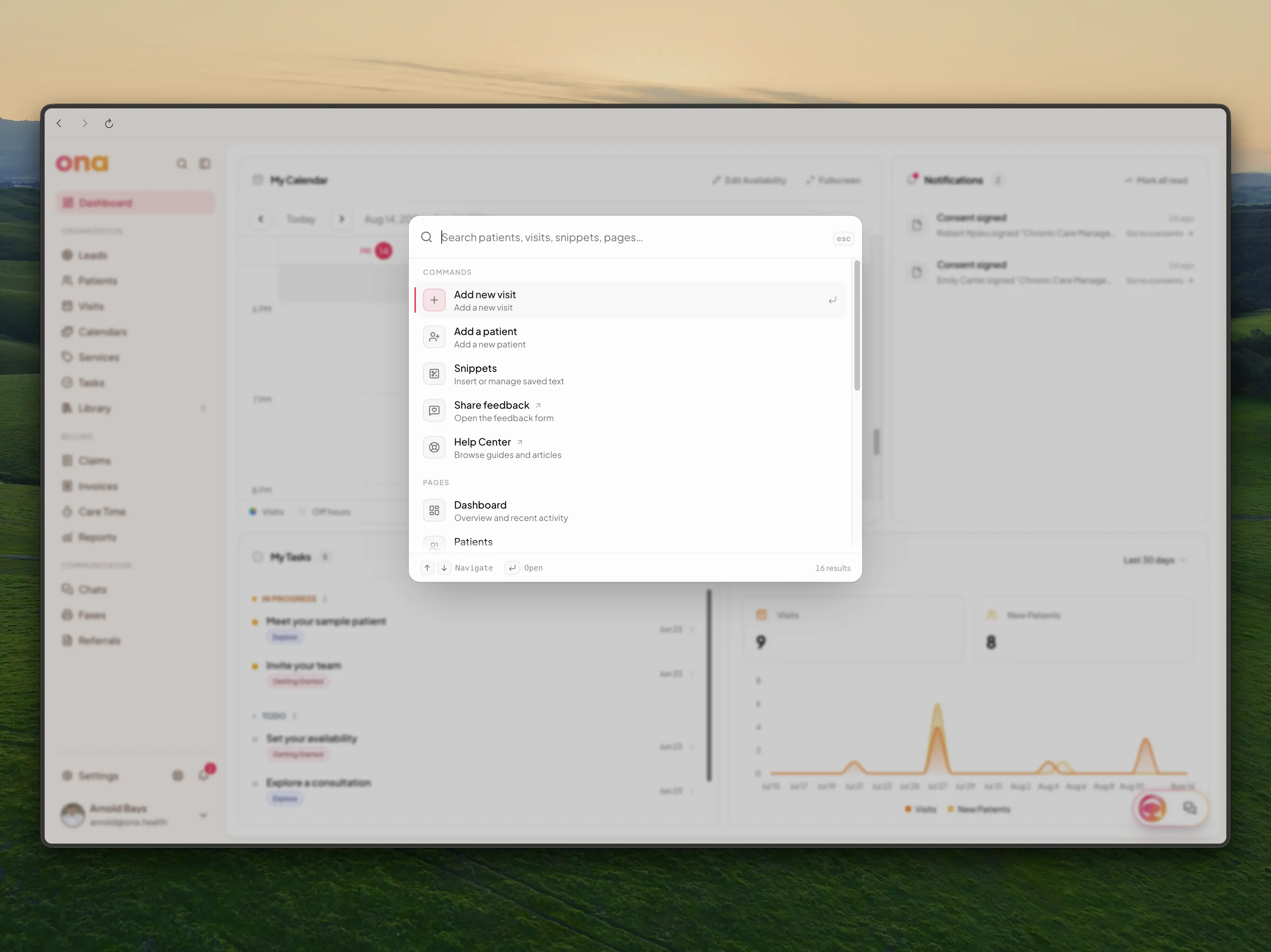 The command menu open over the dashboard, showing Commands and Pages
