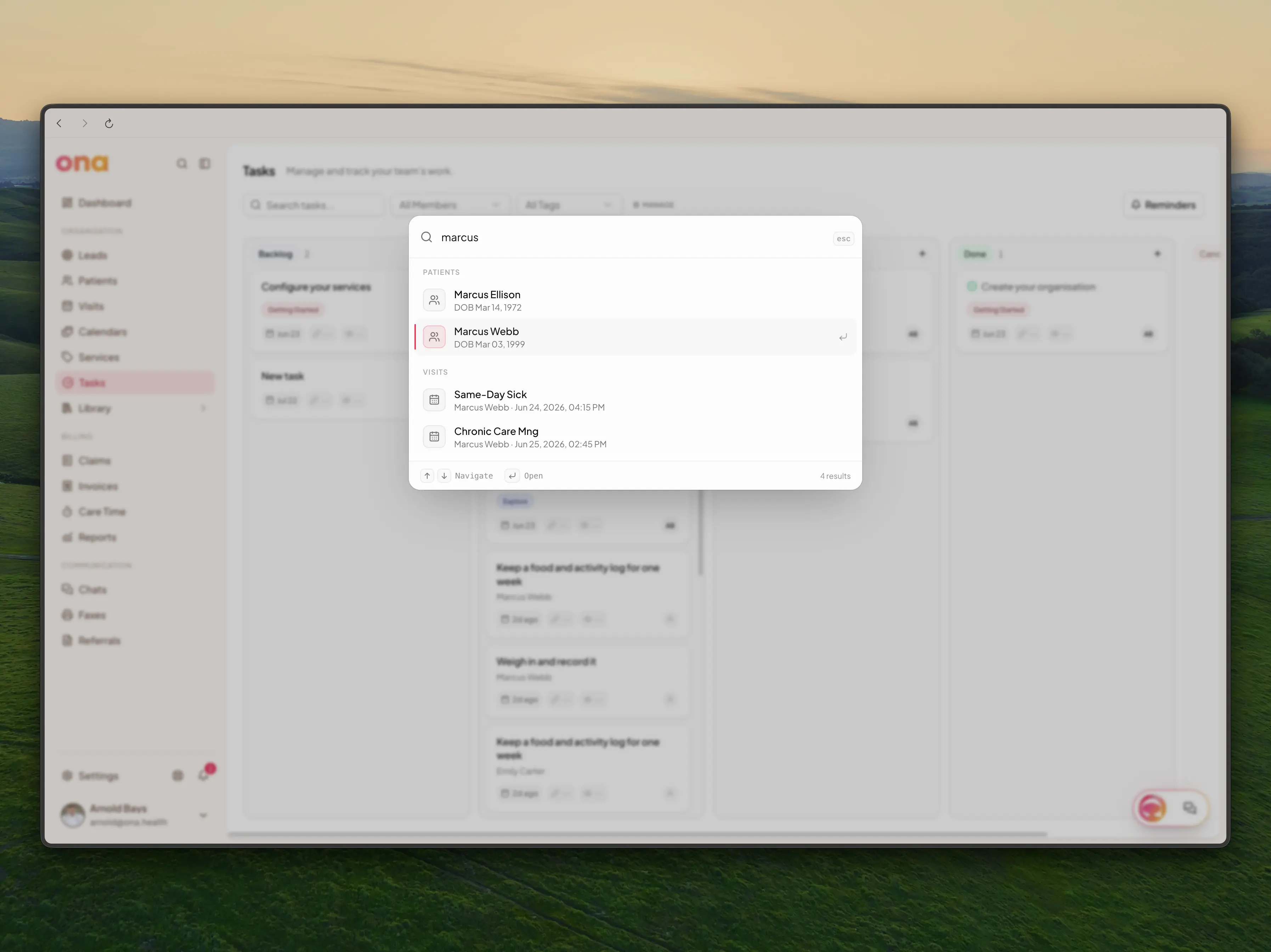 The command menu showing patient and visit matches for a typed name