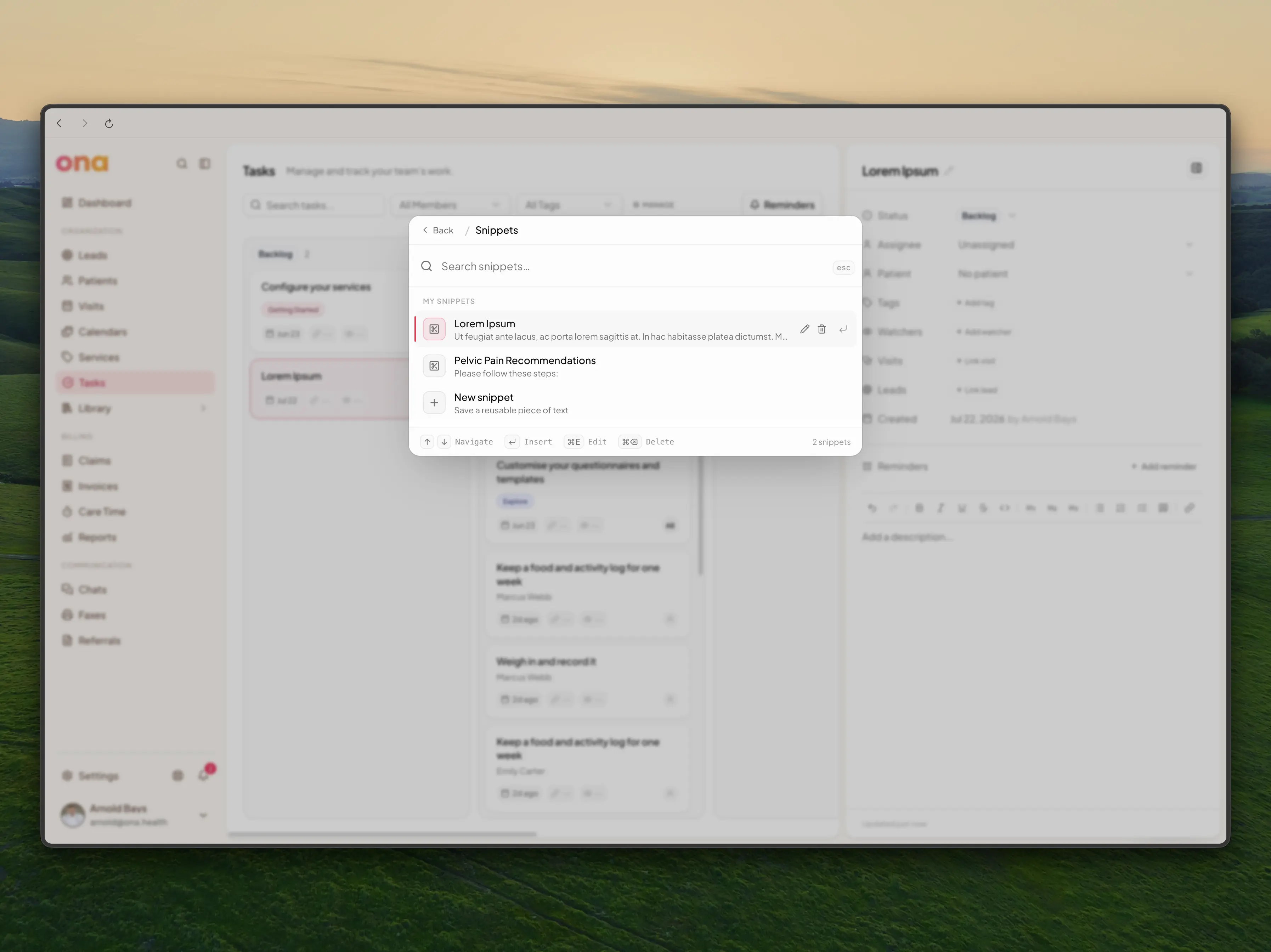 The Snippets view of the command menu, listing saved snippets
