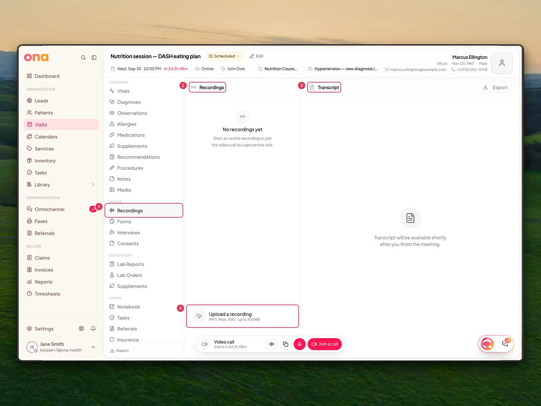 The visit Recordings view is selected, with an empty recordings pane, a transcript pane explaining when the transcript appears, and an Upload a recording button.