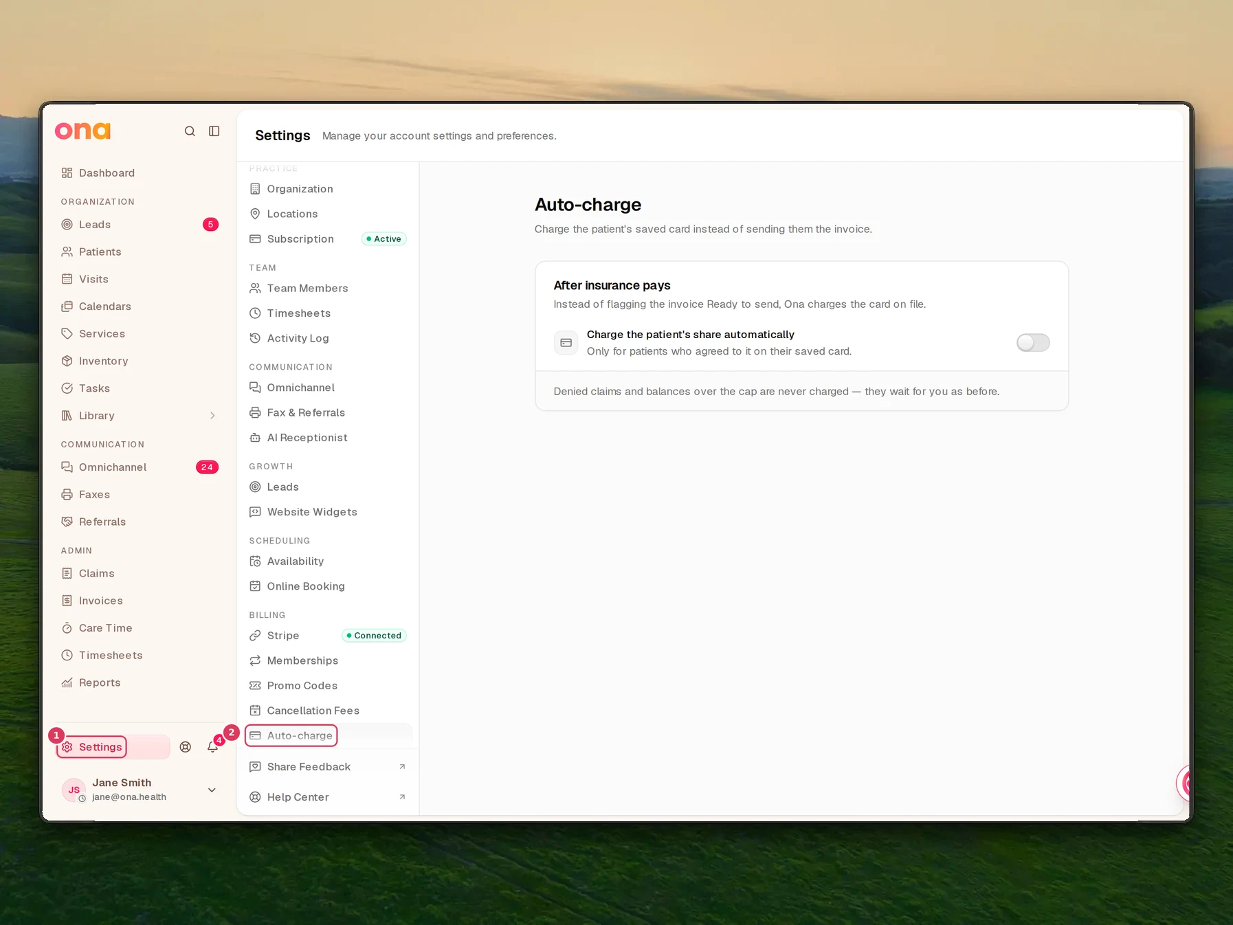 The Settings page is open with the Auto-charge item selected in the Billing section, and the sidebar and settings menu are visible.