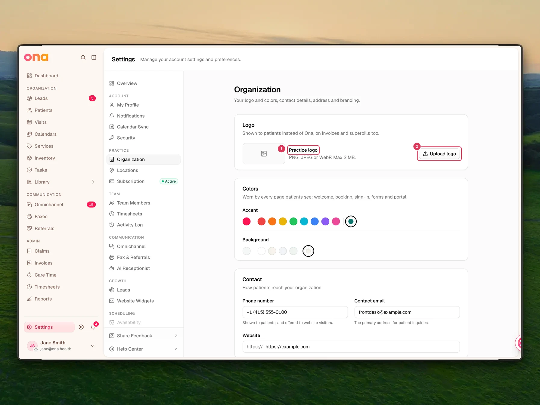 The Organization settings page is open, and the Logo section shows the Practice logo preview area with the Upload logo button for adding or replacing the practice image.